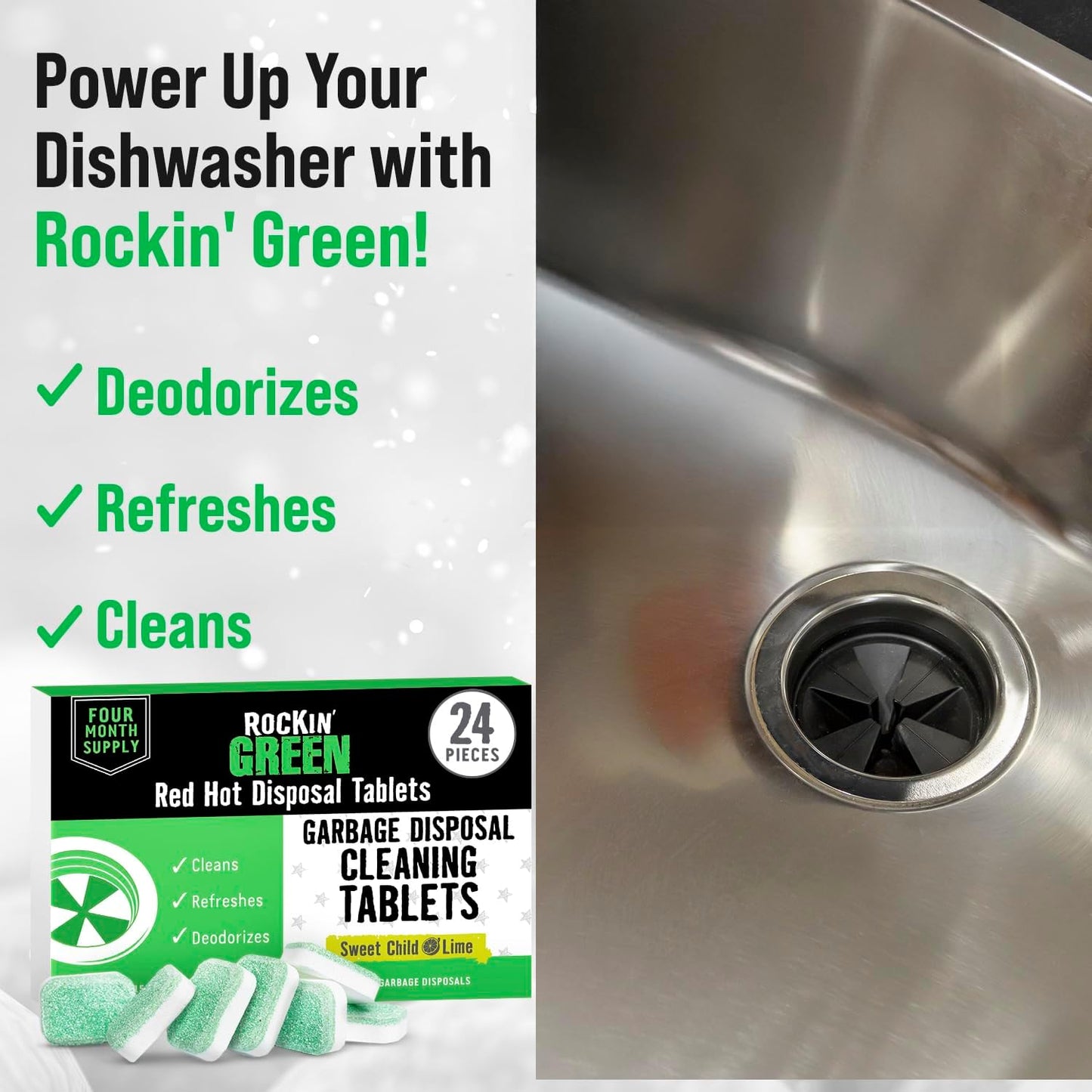 Rockin' Green Deep Cleaning and Deodorizing Tablets for Dishwashers, Washing Machines, and Garbage Disposals, Removes Odor and Residue (Garbage Disposal Cleaning Tablets, 24 Pack)