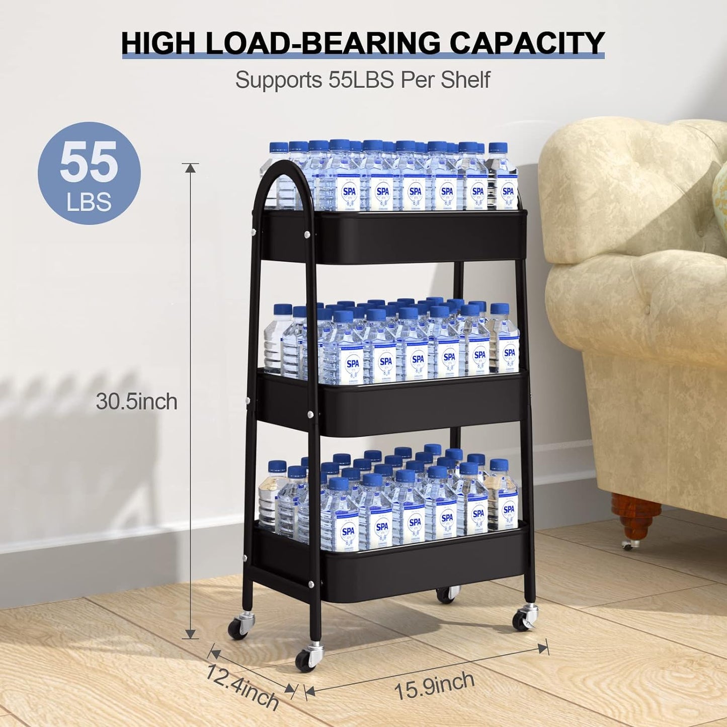 EAGMAK 3 Tier Utility Rolling Cart, Metal Storage Cart with Handle and Lockable Wheels, Multifunctional Storage Organizer Trolley with Mesh Baskets for Kitchen, Living Room, Office, Garage (Black)