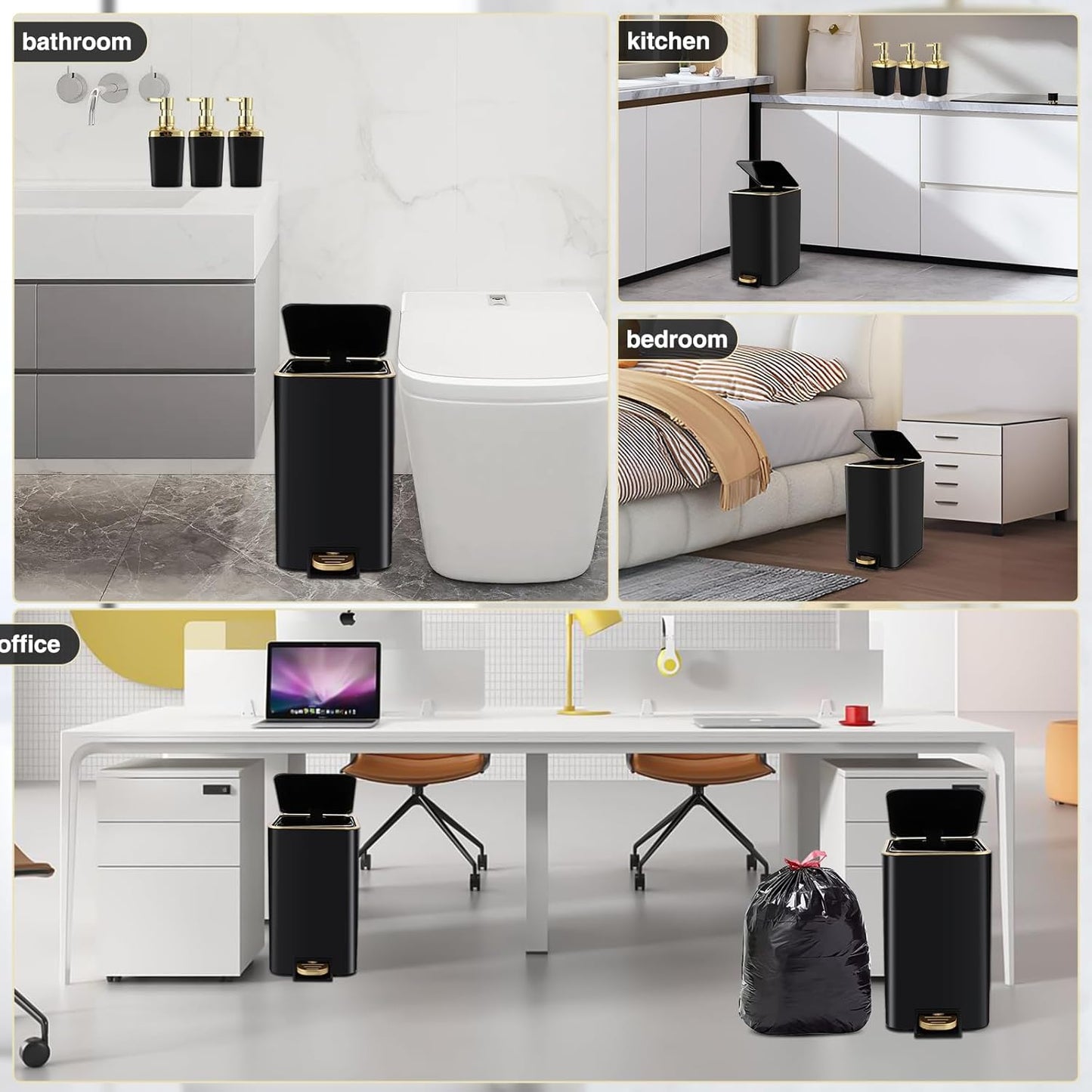 Small Bathroom Trash Can with Lid Soft Close, 1.8 Gallon Stainless Steel Garbage Can with Removable Inner Bucket,3PCS Soap Dispenser,75Count Trash Bag, Slim Step Pedal Trash Bins