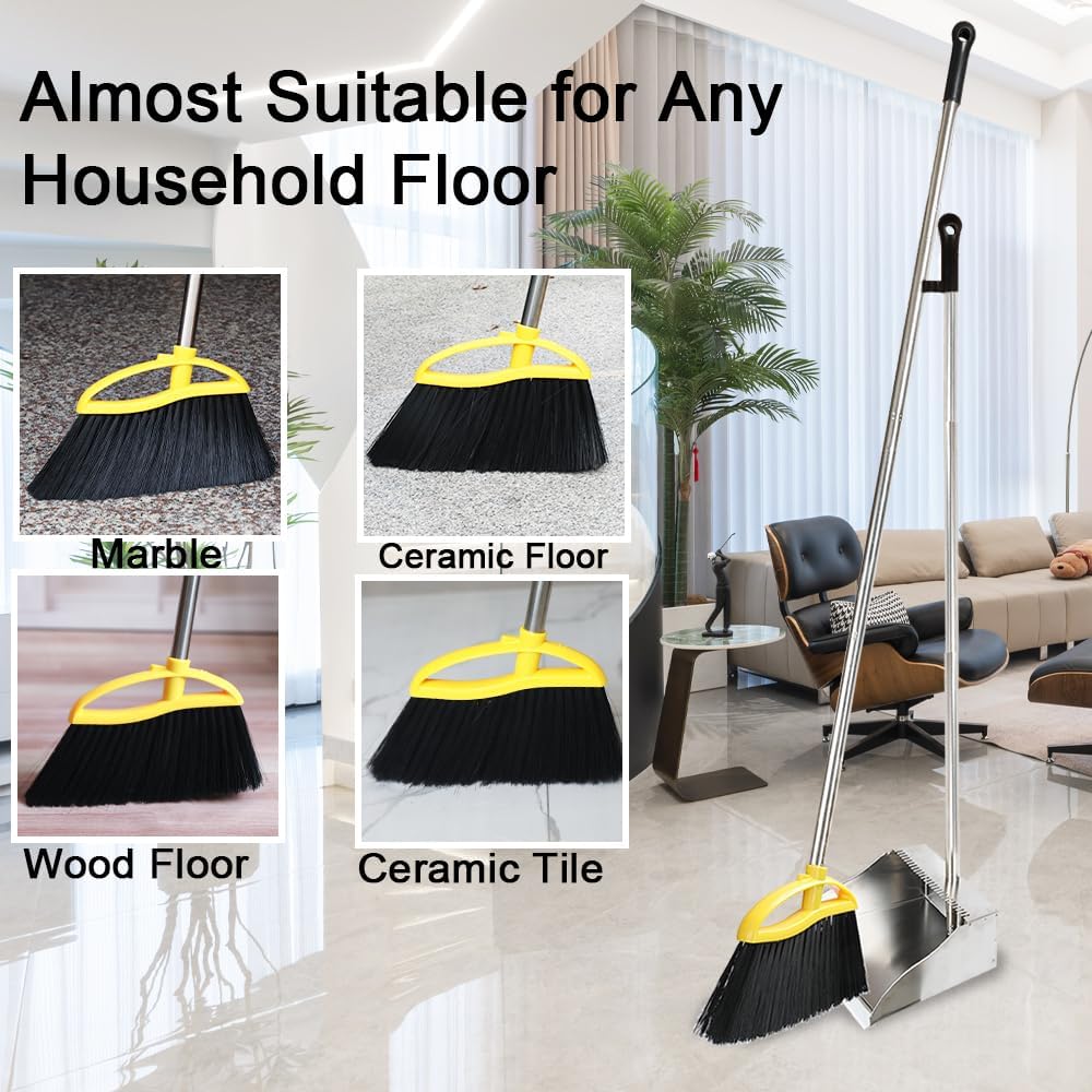Broom and Stainless Steel Dustpan Set for Home,Metal Dust Pan and Soft Bristles Indoor Kitchen Broom for Office,Lobby