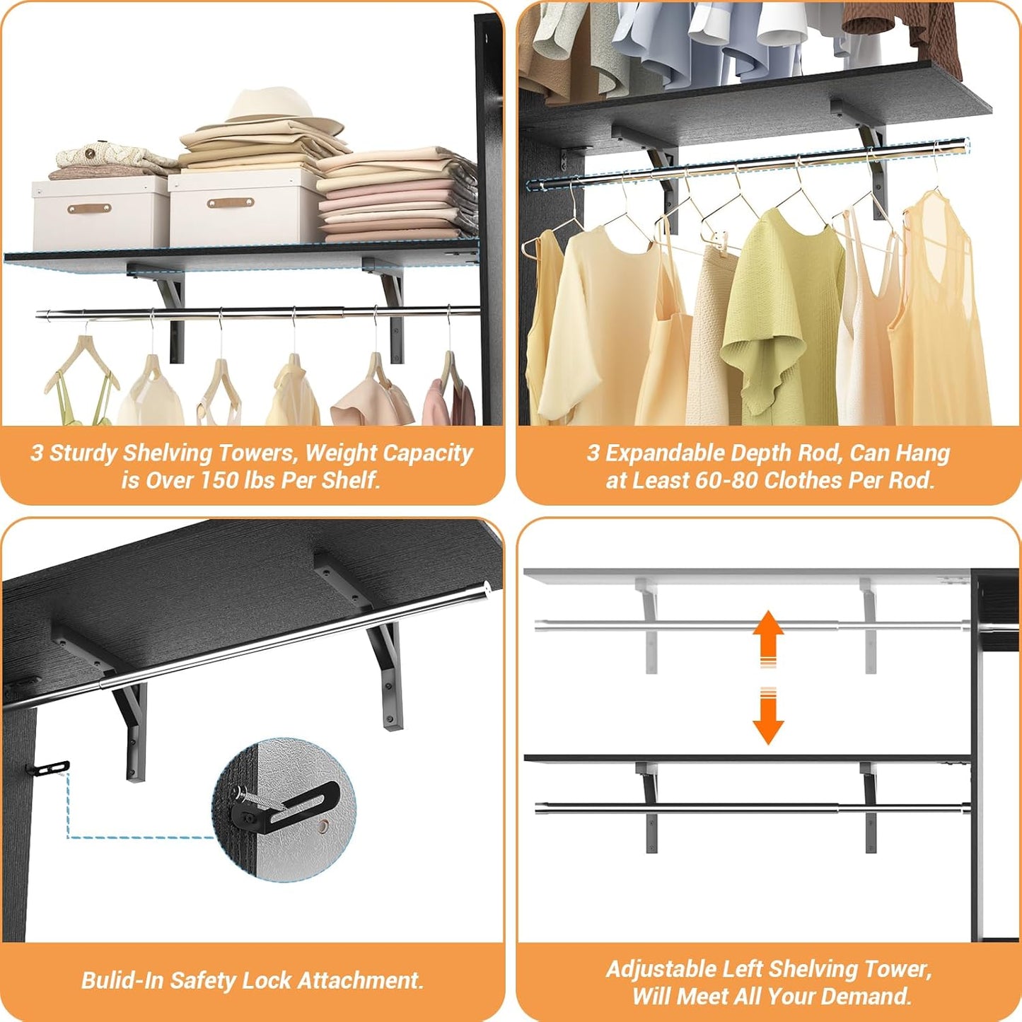 8FT Closet System with Shelves, 96'' Closet Organizer System with 3 Hanging Rods, Wall Mount Bedroom Wardrobe Walk-in Closet, Adjustable Cloth Garment Rack from 5 to 8FT (Cut to Fit), Black