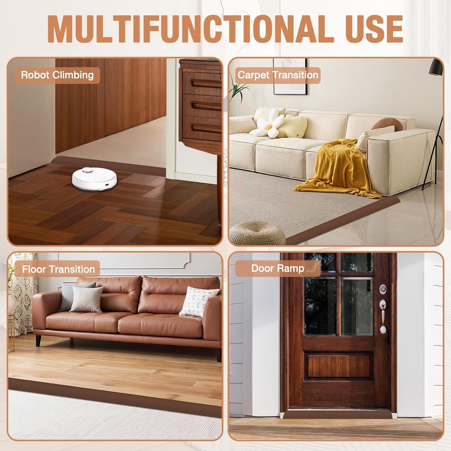 Floor Transition Strip Self Adhesive Vinyl Door Threshold for Doorways Carpet Edging Trim Overlap Edge Reducer for Laminate Floor, Carpet, Tile (Brown, 1/5" to 2/5", 10Ft)