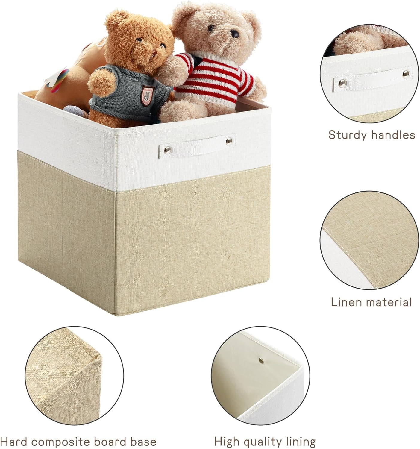 13 x 13 Inch Fine Linen Storage Bins with Handles,Fabric Cube Boxs,Collapsible Basket Organizers for Shelves for Home, Closet Drawers (White/Khaki-6 Pack)