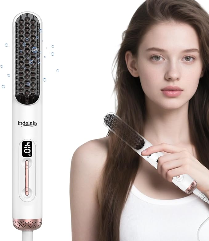 Hair Straightener Brush - Straightening Comb with Negative Ions for Women, 10 Temp Settings Dual Voltage Professional Styling Tools, Anti-Frizz