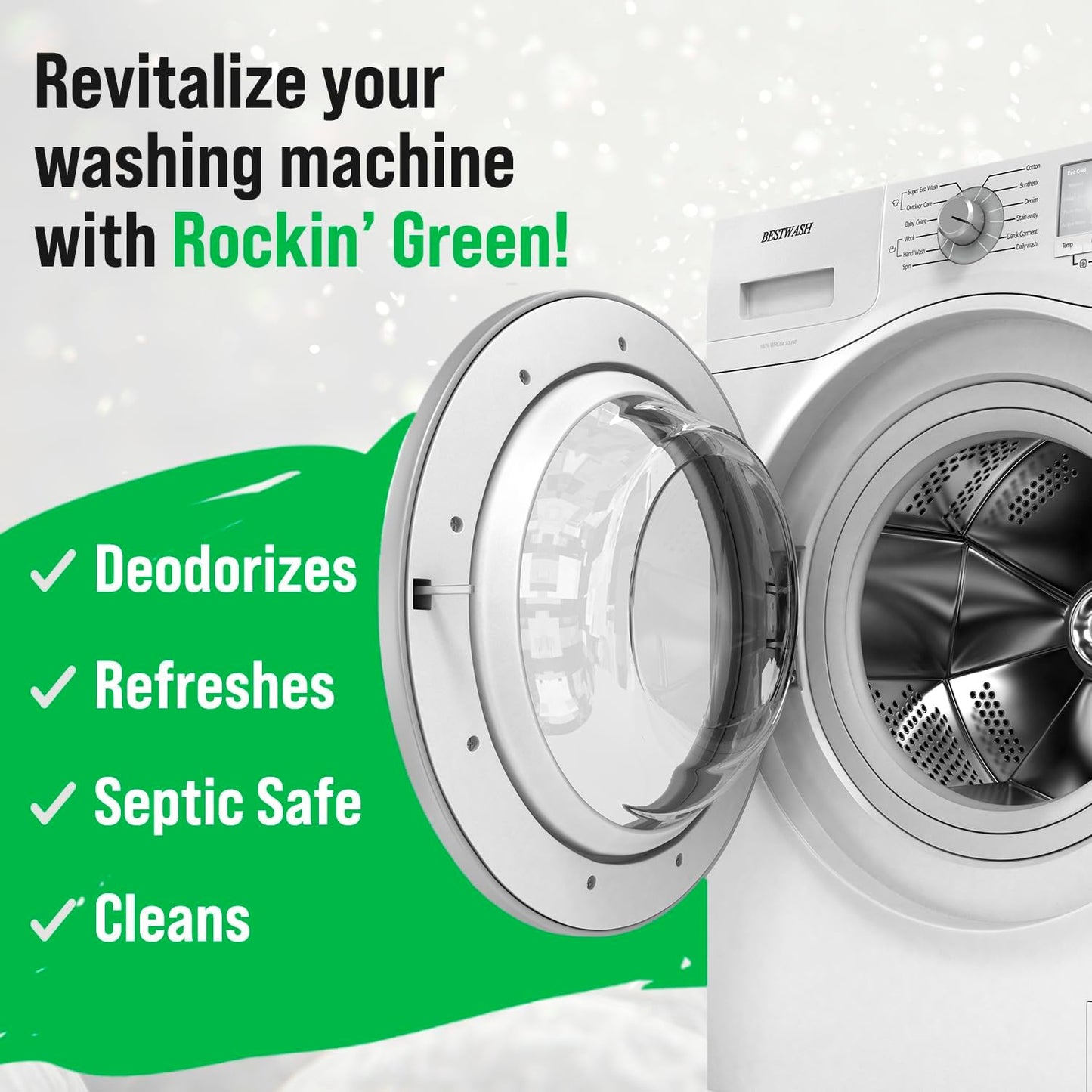 Rockin' Green Deep Cleaning and Deodorizing Tablets for Dishwashers, Washing Machines, and Garbage Disposals, Removes Odor and Residue (Washing Machine Cleaning Tablets, 8 Pack)