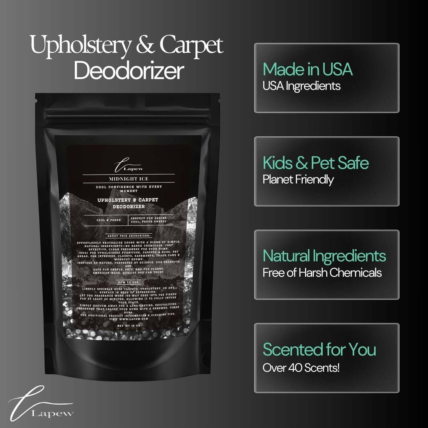 Midnight Ice Carpet Freshener Powder 16 oz | Powerful Odor Eliminator for Home | Upholstery Deodorizer | Carpet Deodorizer | Pet Urine | Cat Litter Box | Black Ice Fragrance.