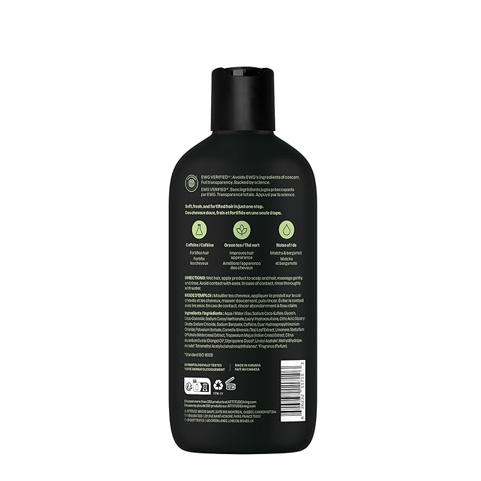 ATTITUDE Men's Shampoo and Conditioner 2-in-1, Fortifying For Fragile Hair, With Caffeine and Green Tea, 97% Natural Origin Ingredients, EWG Verified, Matcha & Bergamot, 14 Fl Oz (Pack of 3)