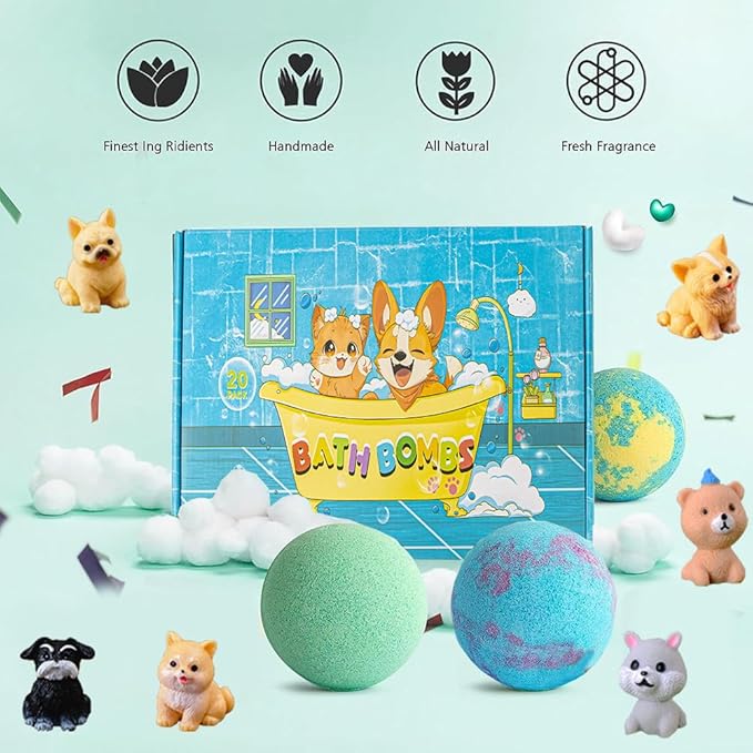 Bath Bombs for Kids with Surprise Inside for Girls Boys Toddlers, 20 Pack Organic Kids Bath Bombs with Surprise Inside, Kids Safe Handmade Bubble Bath Fizzies, Ideal Birthday Christmas Gift Set