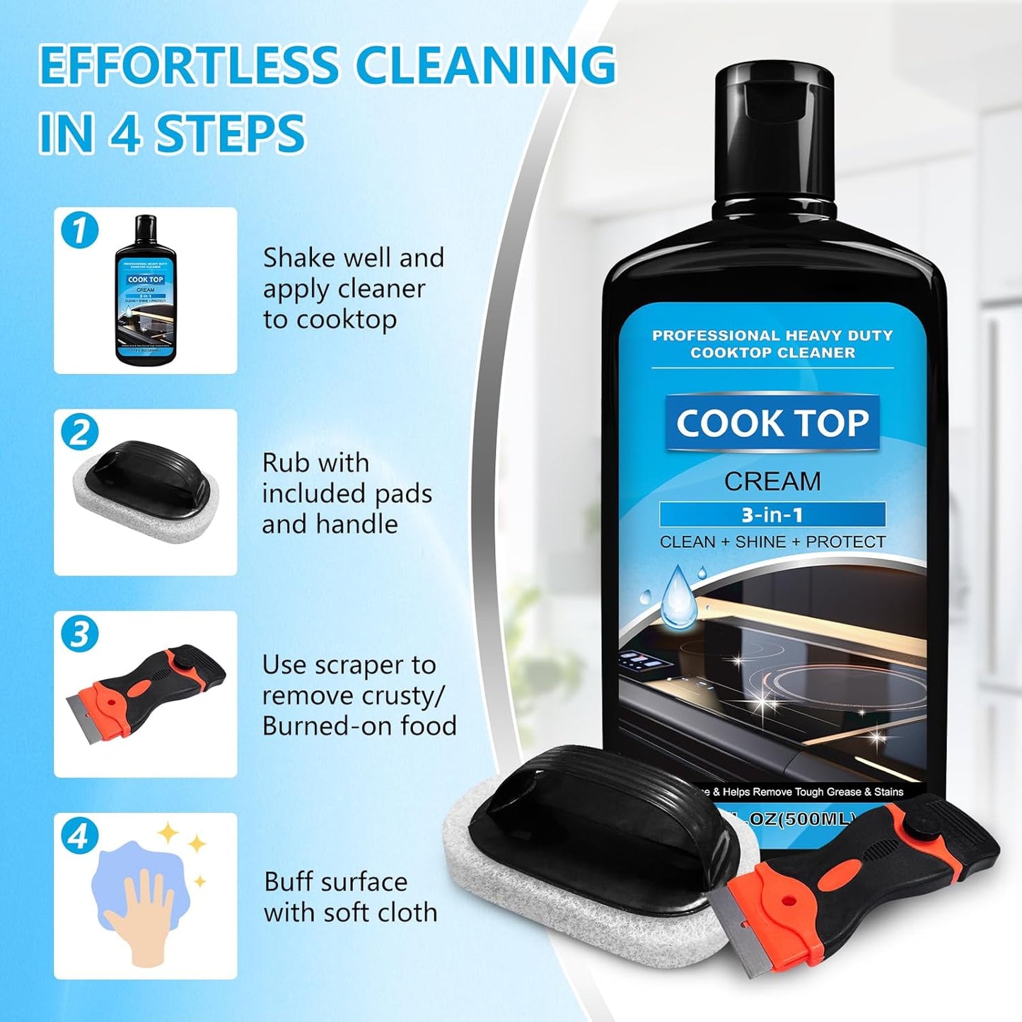 Cooktop and Stove Top Cleaner Kit, Glass Cooktop Cleaner Combo Kit with Razor, Scraper, Scrubbing Pad Removes Tough Stains, Stovetop Cleaner for Glass and Ceramic Surfaces,34OZ