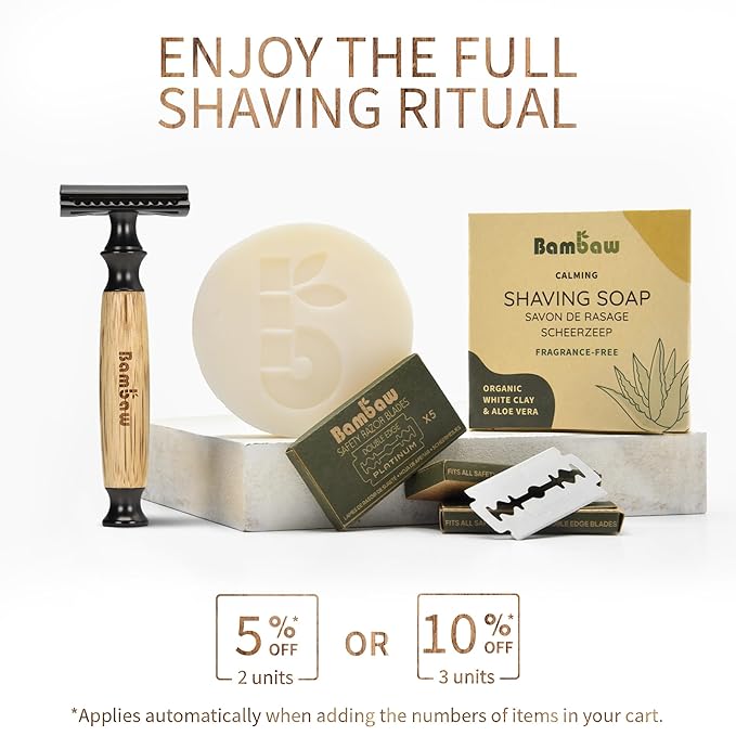Bambaw Safety Razors for Men & Women, Reusable Razor with 5 Blades, Double Edge Safety Razor, Eco-Friendly & Plastic Free – Thick Bamboo Black