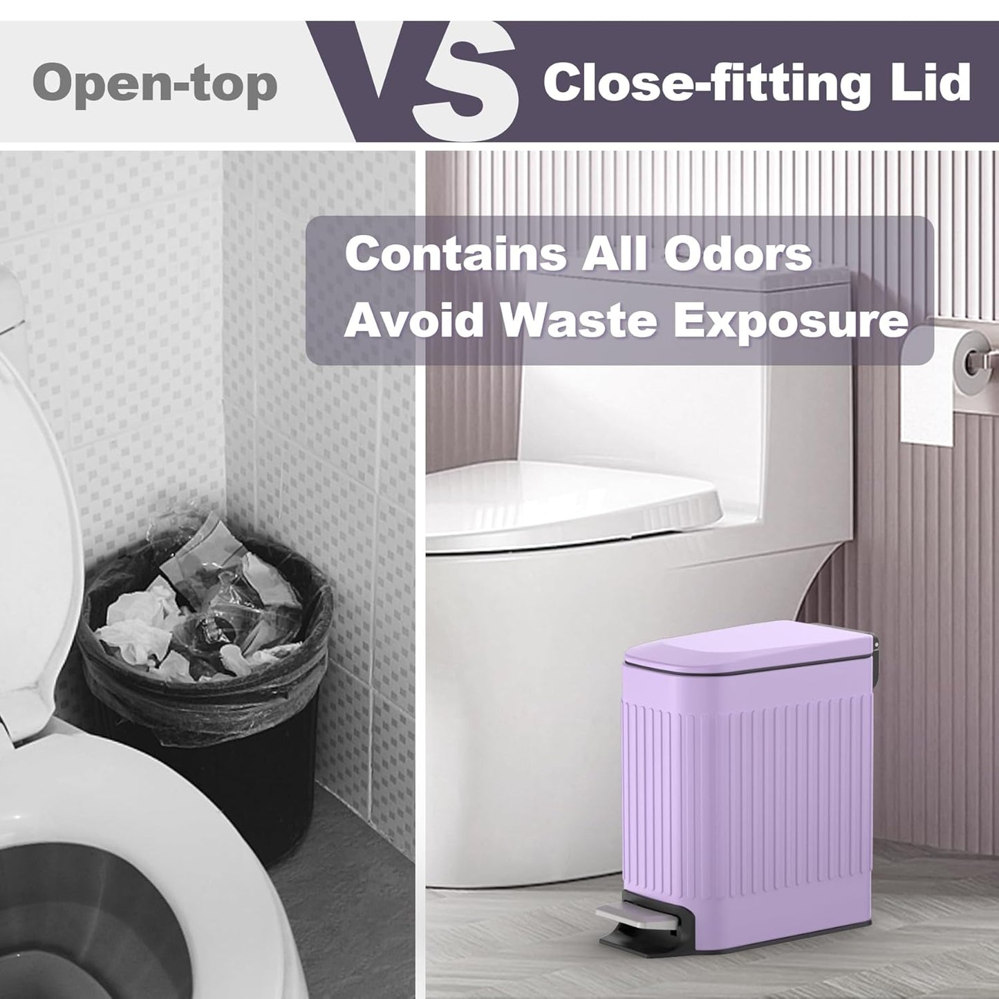 TrashAid Slim Bathroom Trash Can with Lid Soft Close, 6 Liter/1.6 Gallon Stainless Steel Small Garbage Can with Removable Inner Bucket, Step Pedal, Slim Wastebasket for Toilet, Office, Bedroom, Purple