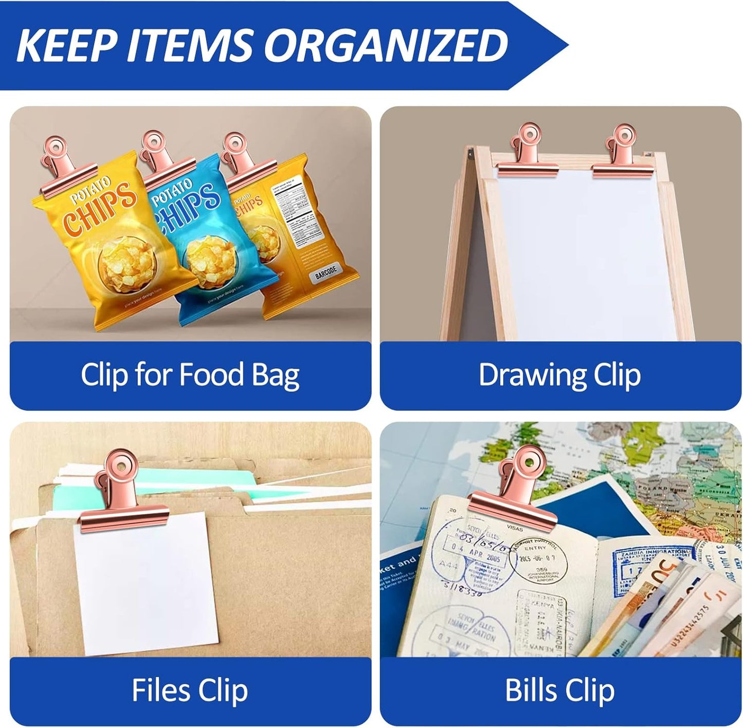 10 Pack Large Metal Hinge Clips 2.5 Inches Bull Hinge Paper Clips Bulldog Clips for Crafts, Photo, Drawing, Food Bags at Home, Office, School, Shop, Rose Gold, 63mm