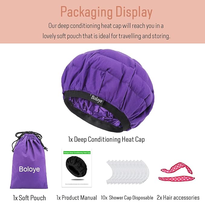 Flaxseed Deep Conditioning Heat Cap - Boloye Cordless 100% Safe Microwave Hot Cap for Natural Curly Textured Hair Care, Drying, Styling, Curling, Universal size (10 PCS One-time shower cap) (Purple)