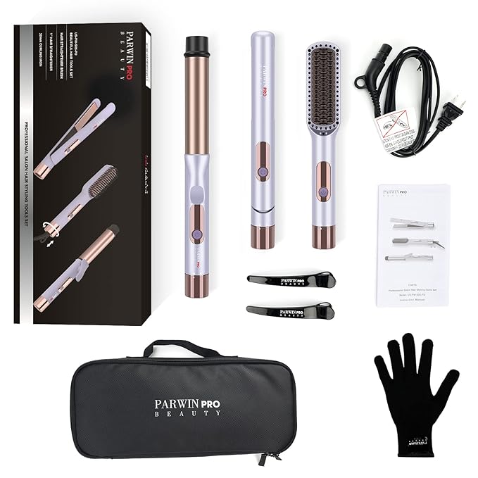 Hair Straightener and Curler, PARWIN PRO BEAUTY 1'' Flat Iron,1.25'' Curling Iron Hair Straightener Brush with Detachable Power Cord, LED Temp Control & Instant Heat Up, Dual Voltage, for Home Travel