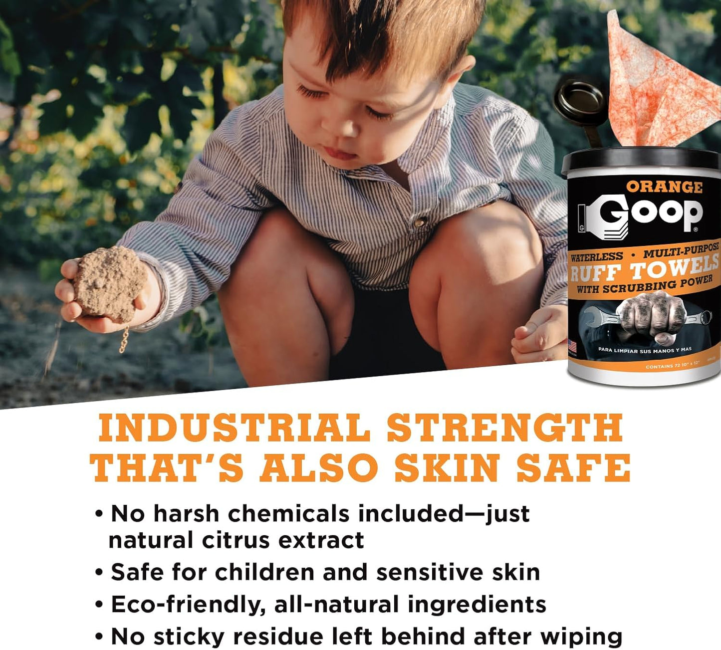 GOOP Orange Heavy Duty Ruff Towels with Scrubbing Power, 10ā x 12ā Dual Textured Multi-Purpose Cleaning Wipes, Removes Dirt, Grease, Oil, 72 Count