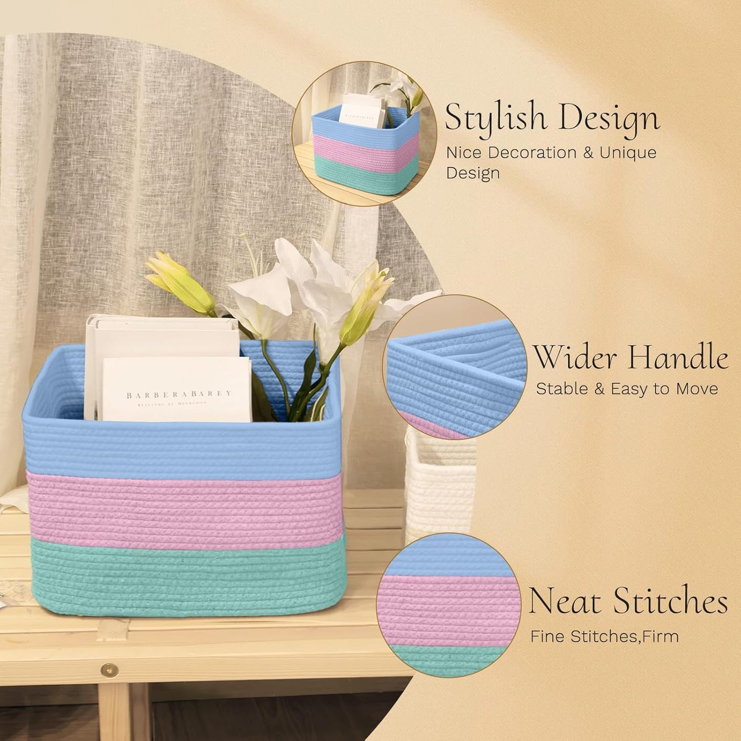 Hopegiver Woven Storage Baskets 15x11x10 Inch, 3 Pack Collapsible Cube Storage Bin for Shelves - Foldable Cotton Rope Organizer Bins for Towels, Toys, Books, Closet, Nursery (Blue Pink Green)