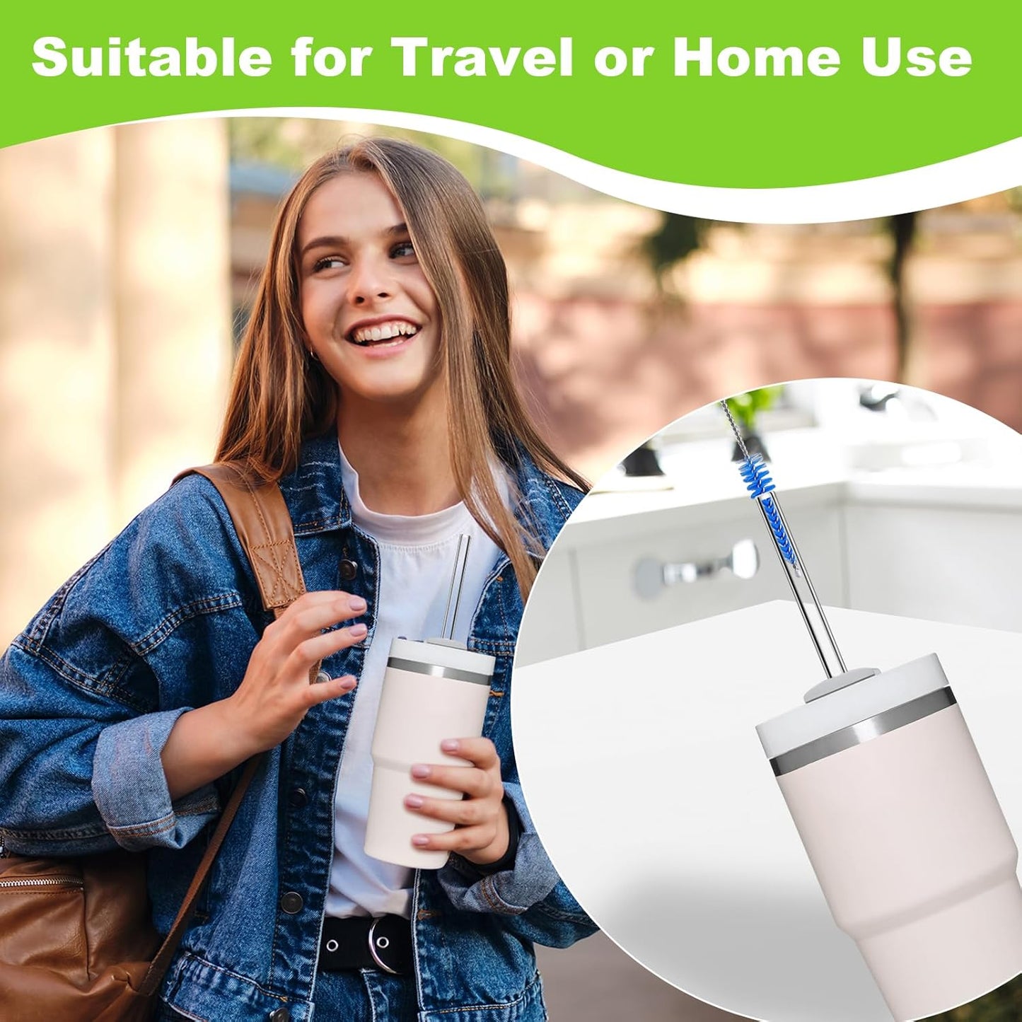 Straw Cleaner Brush for Stanley, 12 Inch Extra Long Straw Brush Cleaner (8-Pack) Includes 2 Reusable Glass Straws for 40 oz Tumbler and Water Bottle, Durable & Rust Resistant