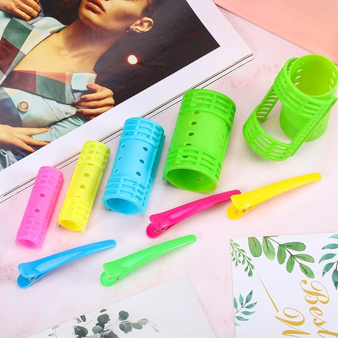 WILLBOND 65 Pieces Rollers Plastic Rollers Hair Curlers Set 4 Sizes for Long Medium Short Hair, Duck Clips Hairnet Hairdressing Styling Tool(Colorful)