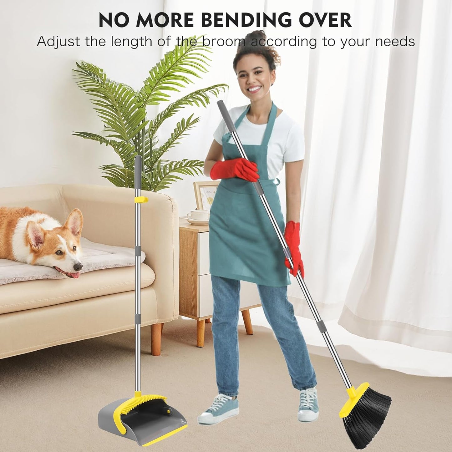 NACENA Broom and Dustpan Set, 55-in Long Adjustable Handle Broom Dustpan Combo with Dustpan Teeth to Automatically Clean Hair Suitable for Home Kitchen Office Hall Floor, Large(Grey&Yellow)