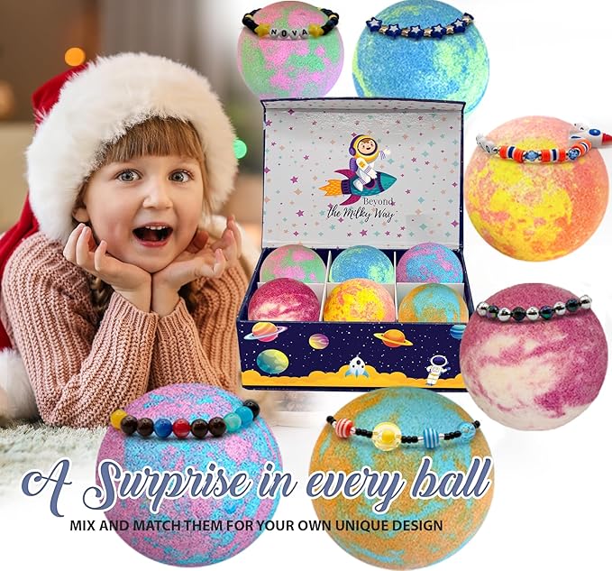 Bath Bombs for Kids with Surprise Inside, Bath Bombs with Surprise Jewelry & Jewelry Box - Organic, Skin Moisturizing, Natural Kids Space Galaxy Bracelets, Birthday Gifts for Boys, Girls