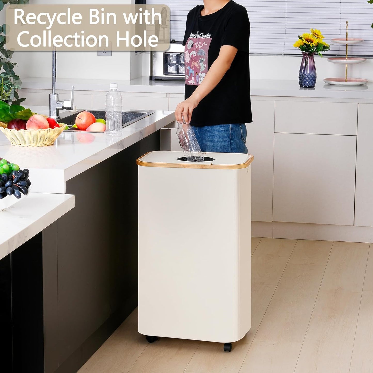 efluky Recycle Bins for Kitchen 100L (26 Gallon), Recycling Bin with Wheels and 2 Removeable and Reusable Inner Bags, Kitchen Recycling bin with lid for Bottle Can Plastice Stickers, Beige