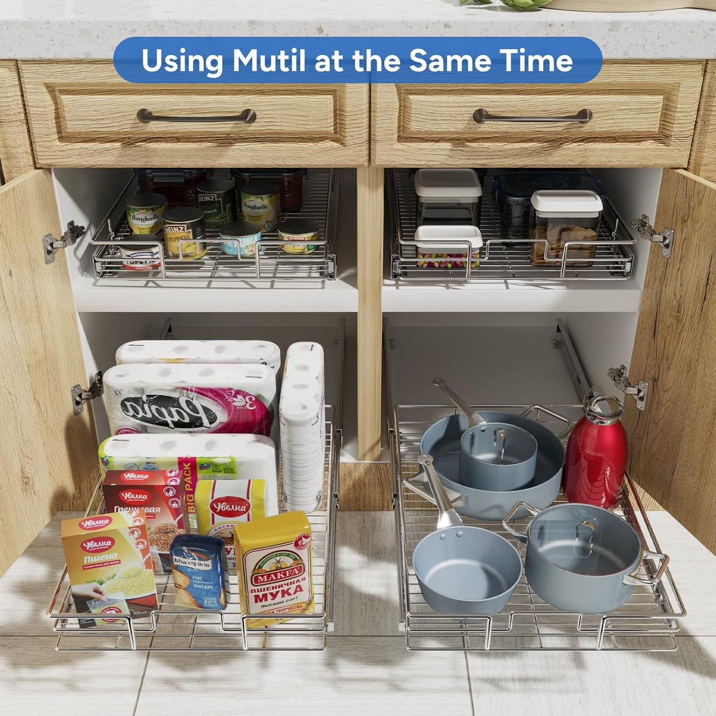 ROOMTEC Pull Out Cabinet Organizer, Cabinet Pull Out Shelves 11" W x 21" D, Heavy Duty Cabinet Drawers Slide Out Kitchen Cabinet Organizers Storage Shelf