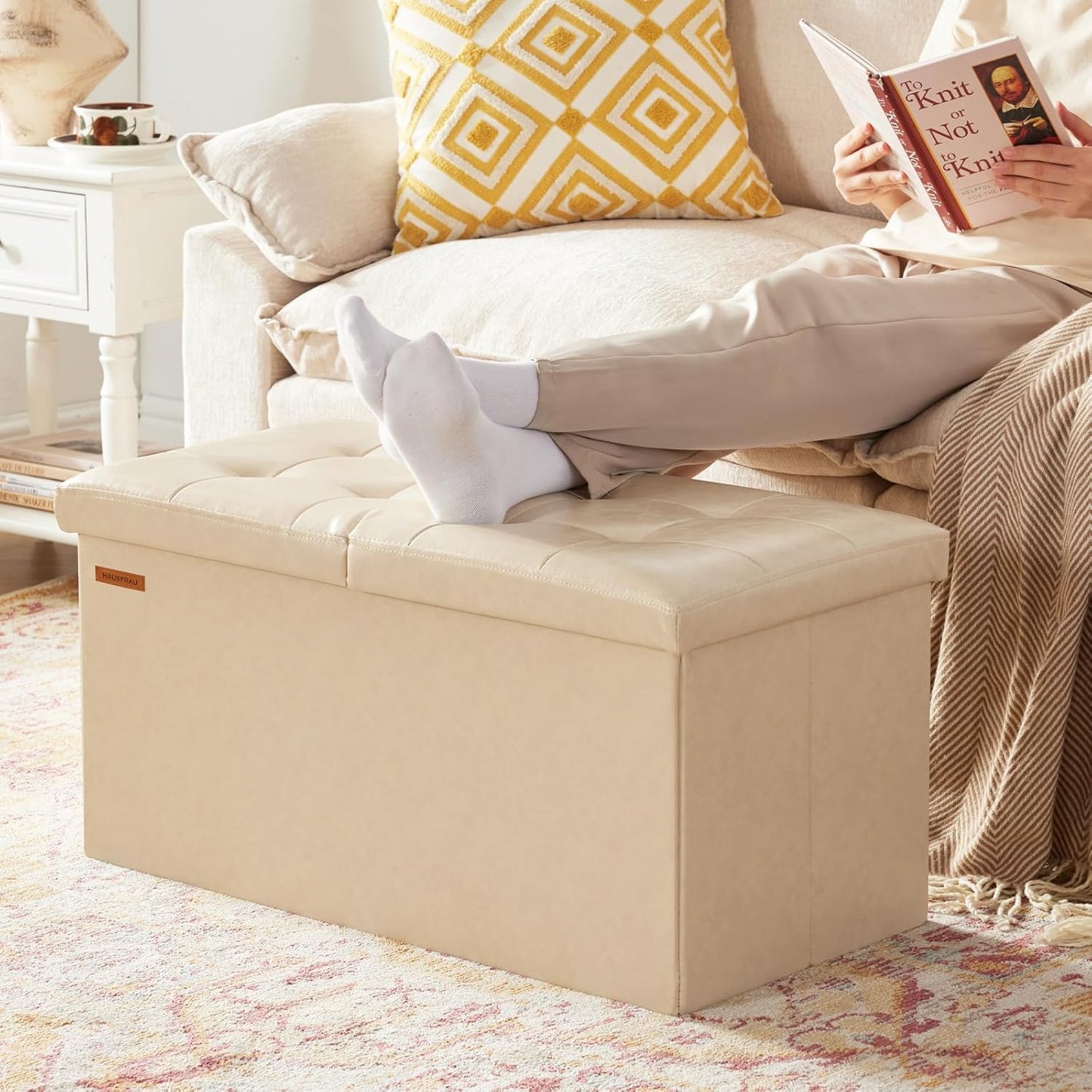 HAUSFRAU - 30 Inches Storage Ottoman Bench with Flipping Lid, Foldable Storage Chest Foot Rest for Living Room, Bedroom, Entryway, Load 660 lb, Synthetic Leather, Ivory