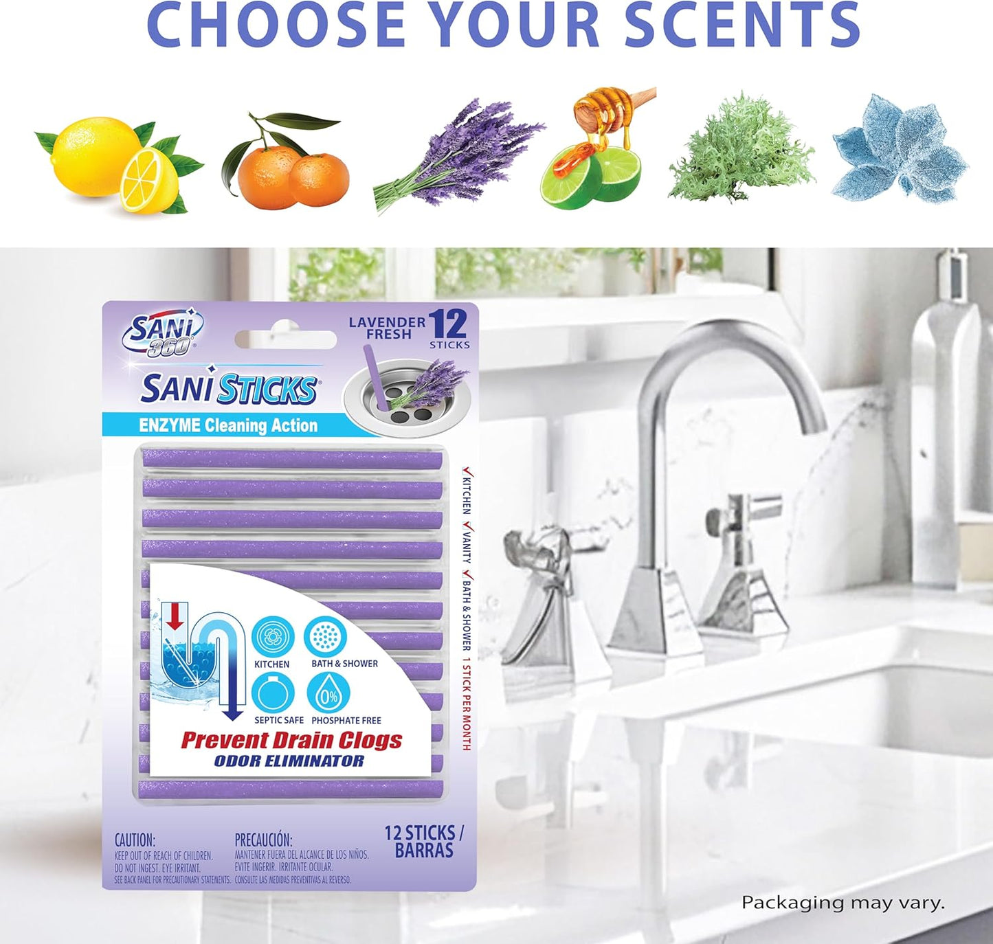 SANI 360° Sani Sticks Drain Cleaner and Deodorizer, 24 Count, Lavender Scent Enzyme Pipe Cleaners, Eliminate Odors, Prevent Clogged Drains, Safe for Sinks, Bathtub Drains, Septic Tanks