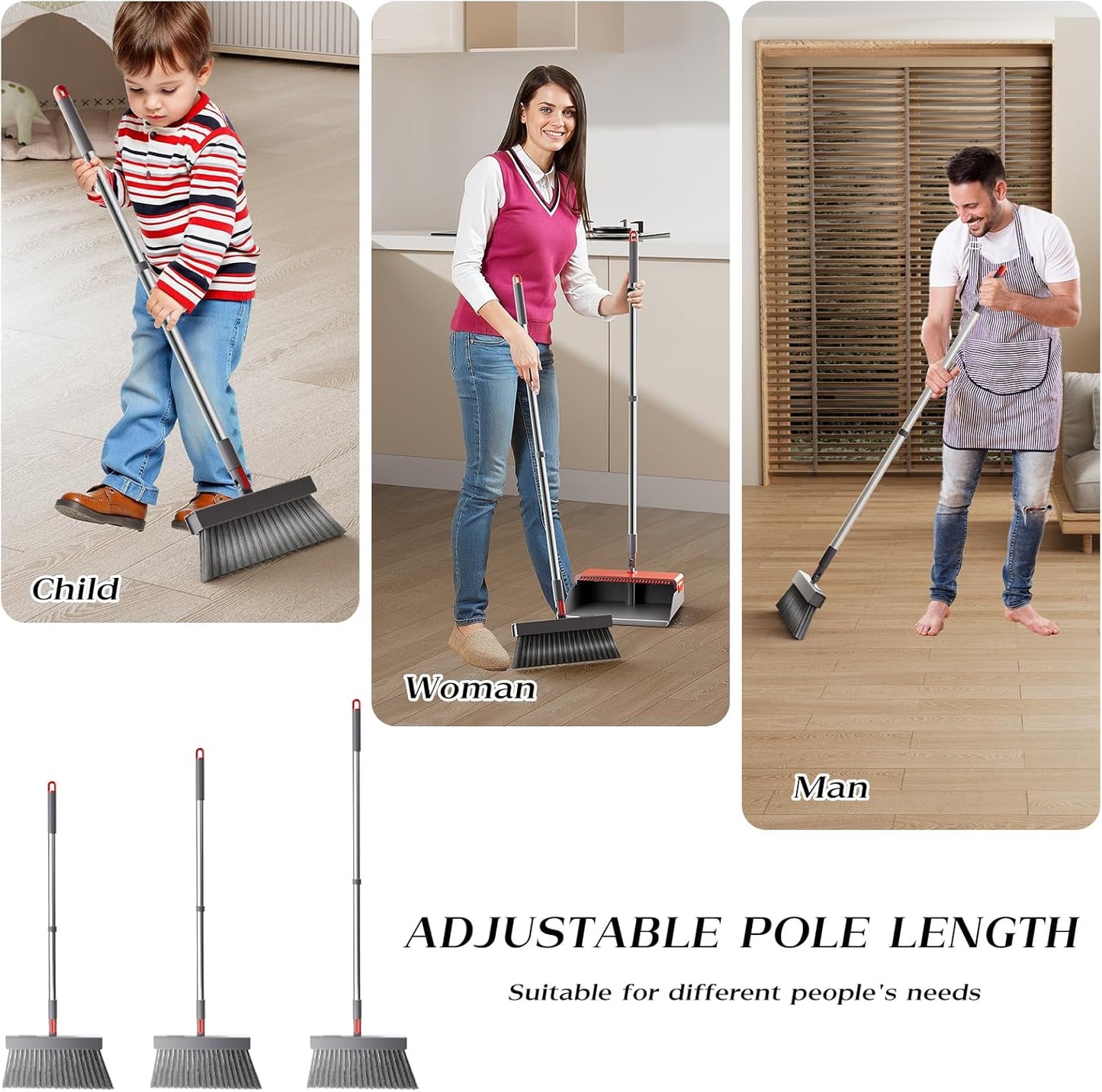 Broom with Dustpan Combo Set 180 Degree Rotating Broom Set with Comb Teeth Upright Standing Dust Pan with Adjustable Long Handle for Home Room Kitchen