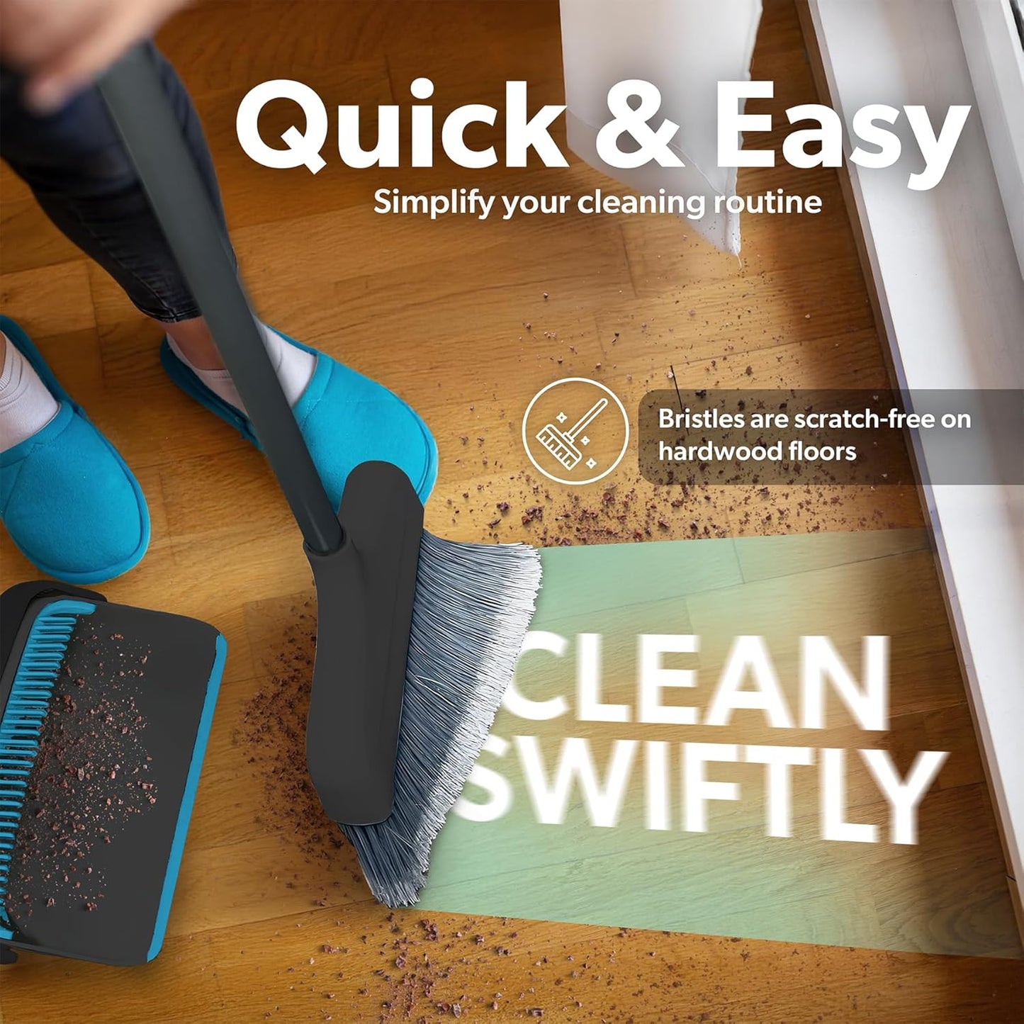 BLACK+DECKER Butler Broom & Dustpan Set - Short Handle, Stand-Up Design - Lightweight, Space-Saving Combo for Kitchen, Living Room, Bathroom, Lobby Floors - Home Cleaning Essential, Black/Blue
