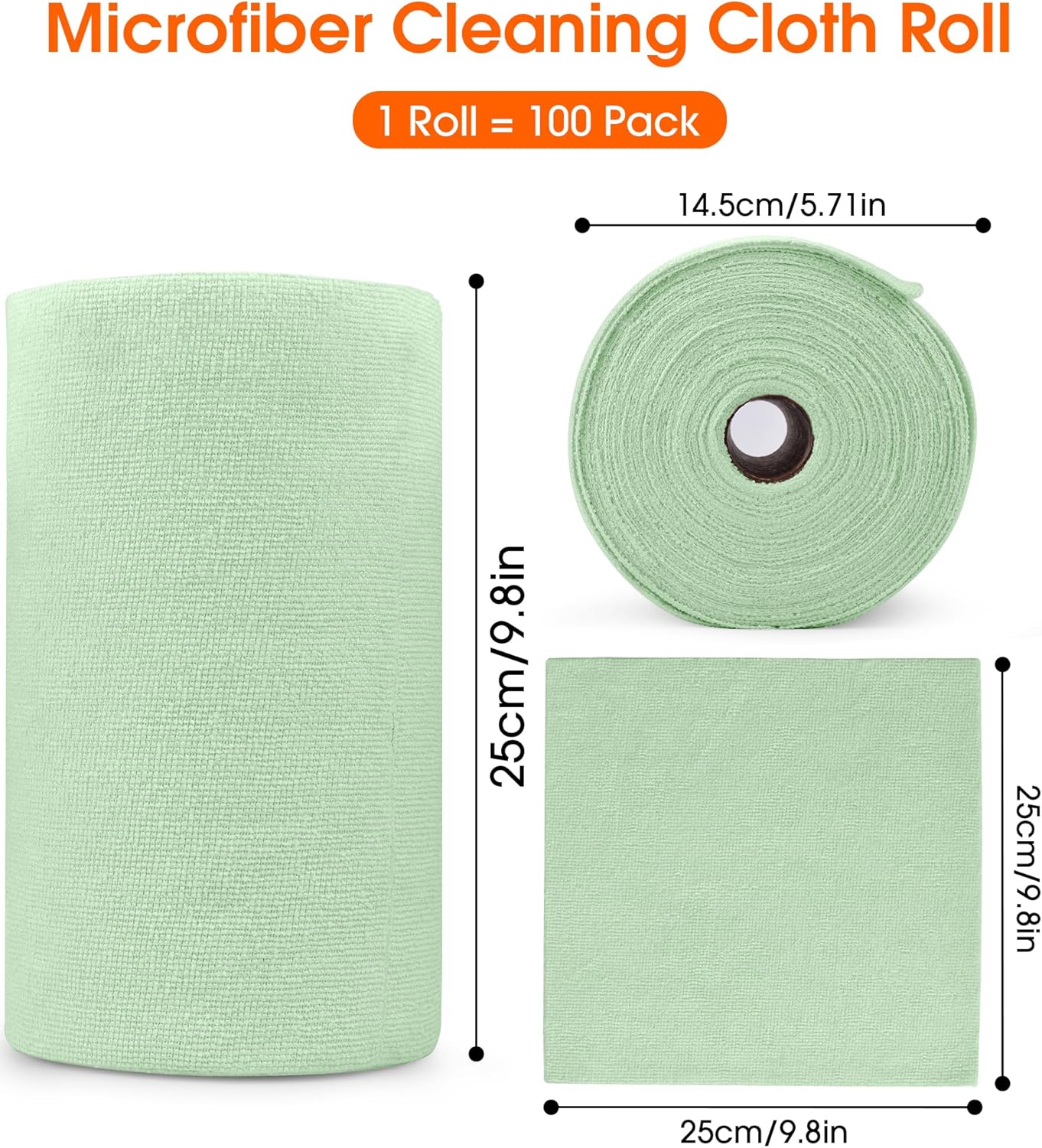 Roll of Microfiber Cleaning Cloth –100 Pack, Tear Away Microfiber Towels, Reusable, Washable, Scratch-Free, Cleaning Supplies,Kitchen Towels for Car, Home, Kitchen, Dishes(Bean Green)