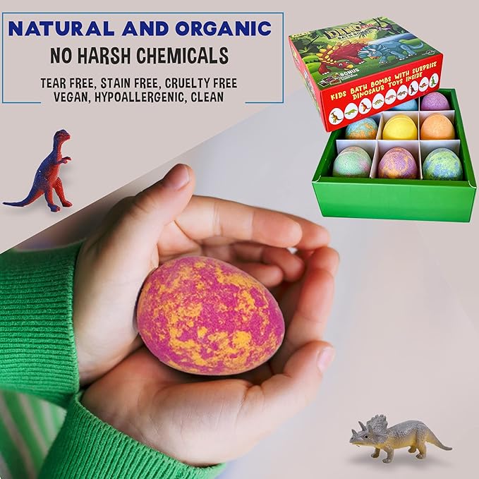 Bath Bombs for Kids with Surprise Toys Inside Plus Dinosaur Puzzle - Set of 9 Organic Dino Egg Bath Bombs, Gentle and Kids Safe, Fizzy Balls with Rich Bubbles, Birthday Gifts for Boys, Girls