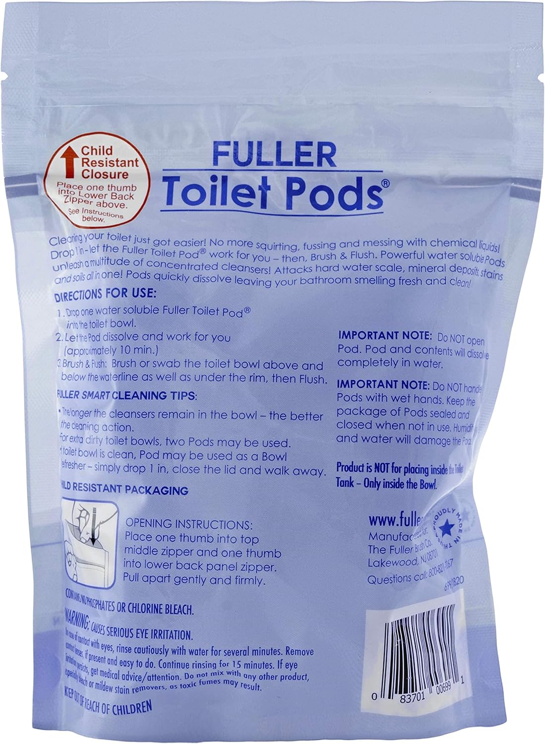 Fuller Brush Toilet Bowl Cleaner Pods - Water Soluble Tablet Cleansers - Cleans Descales & Refreshes Bathroom Toilets Removes Odors & Stains Light Fresh Scent Ideal for Homes and Businesses 6-Pack