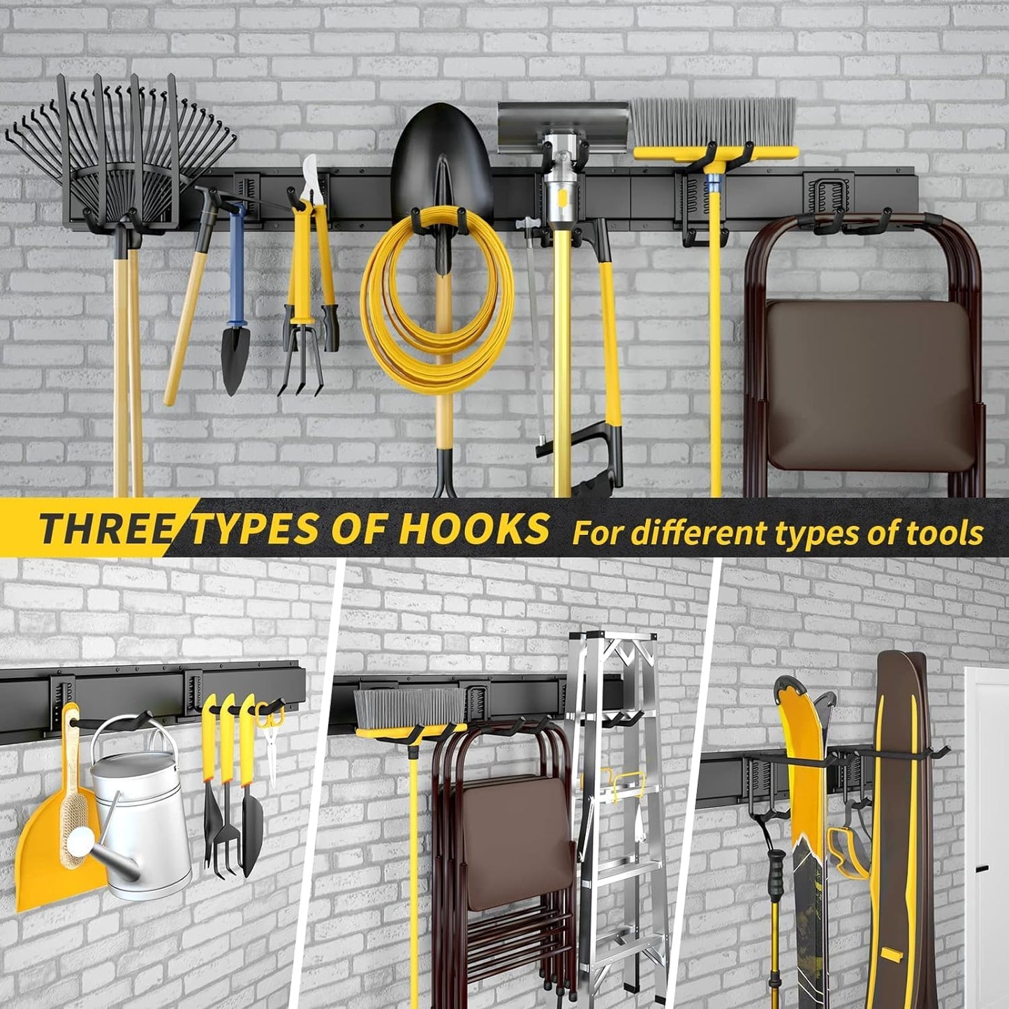 64 Inches Garage Storage, Garage Organization, Wall Mount Garden Tool Organizer, Max 620lbs Adjustable Metal Hooks, Yard Shed Rack, Tool Holder for Hanging Rake Broom Mop Snowboard, Home Gift