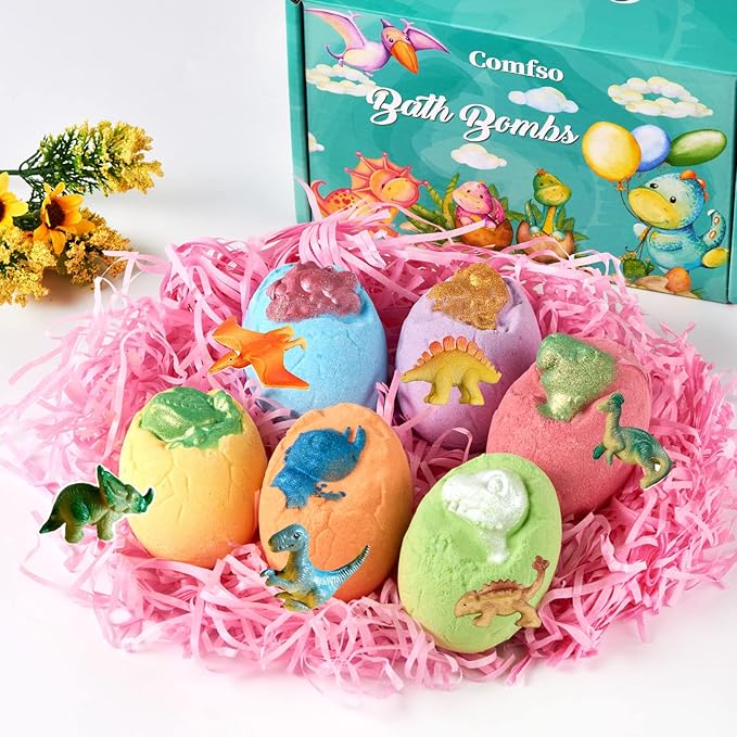 Bath Bombs for Kids - XL Dino Eggs Bath Bomb with Surprise Toys Inside, Kids Bath Bomb Gift Set, Natural Bubble Bath, Dinosaur Bathbombs Birthday Gift for Boys Girls