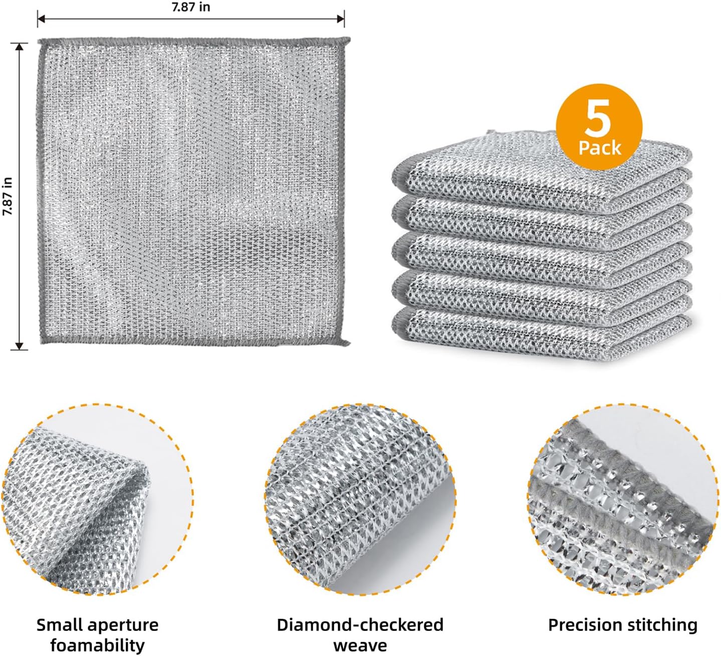 5Pcs Non Scratch Wire Dishcloth, Multipurpose Wire Dishwashing Rags, Steel Metal Wire Cloth Mesh Miracle Cleaning Cloths for Kitchen, Dishes