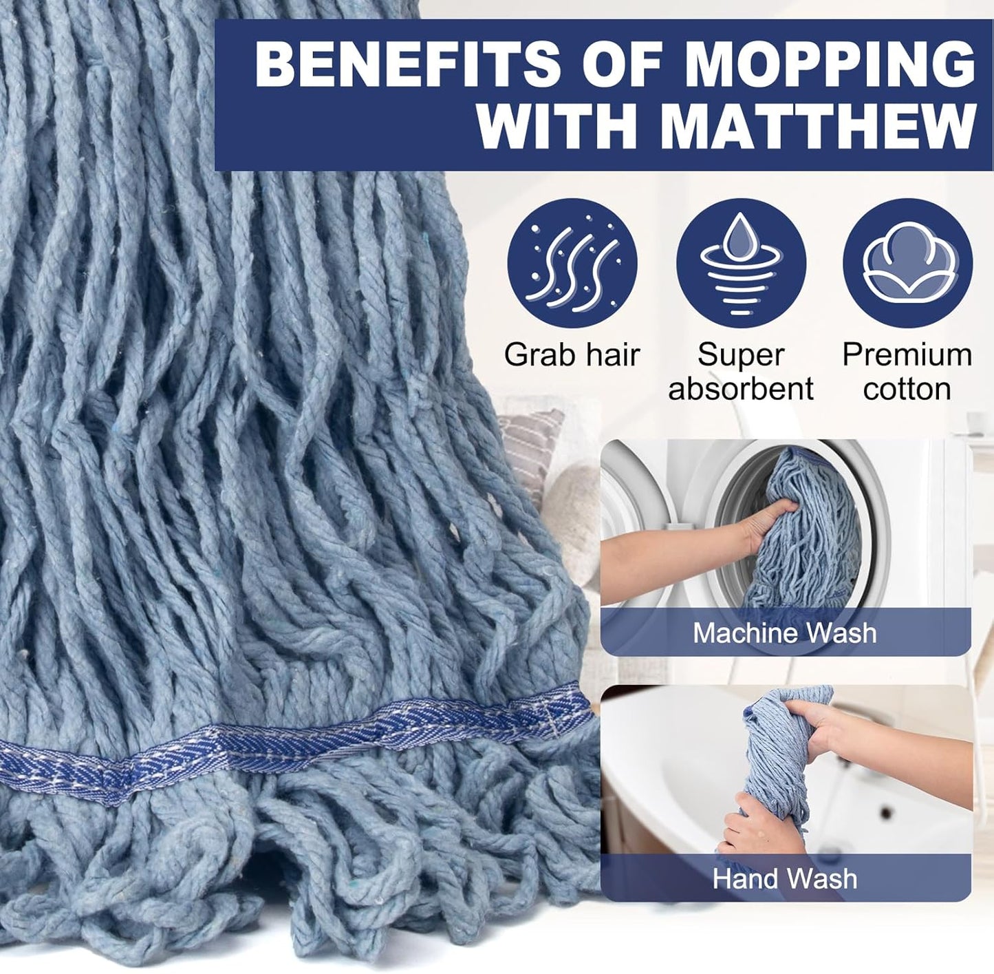 KeFanta 3 Pack Heavy Duty Commercial Mop Head Replacement,Looped End String Cotton Mop Heads,Industrial Wet Mops Refill for Floor Cleaning(Blue)