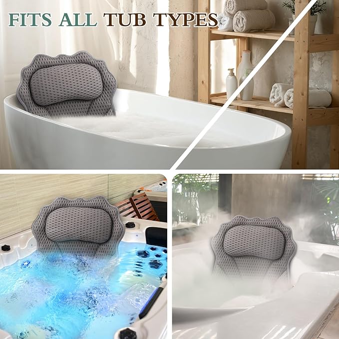 Bath Pillow RUVINCE Ergonomic Luxury Bathtub Pillow with Head,Neck, Shoulder and Back Support, 4D Bath Pillows for tub with 6 Powerful Suction Cups, Fits All Bathtub