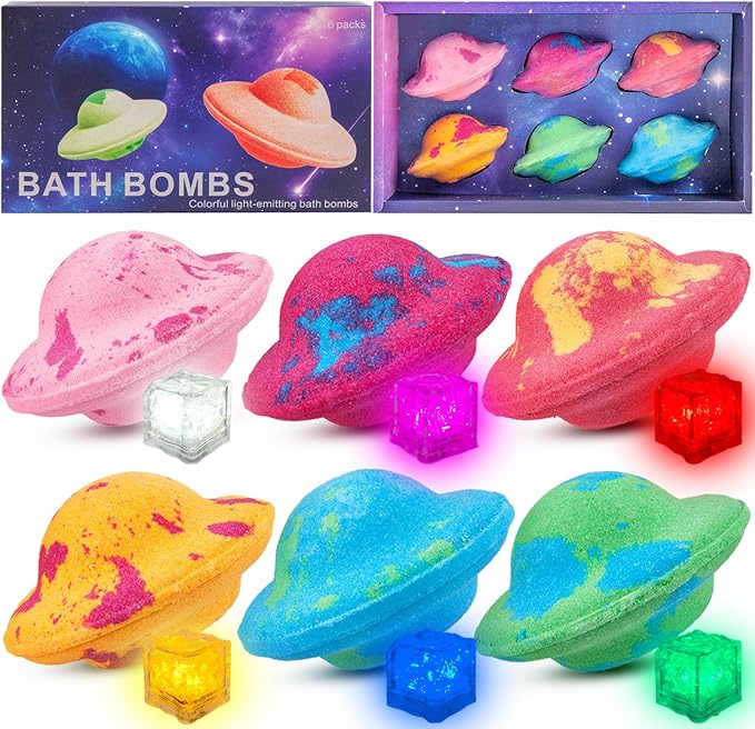 Light Up Bath Bombs with Surprise Light Cube Inside 18 Set 4 Ounce Big Size Romantic Saturn Natural Organic Saturn Bubble Bath Shower Bomb for Women Handmade Bubble Relaxing Spa Gift Bath Skin (6PCS)
