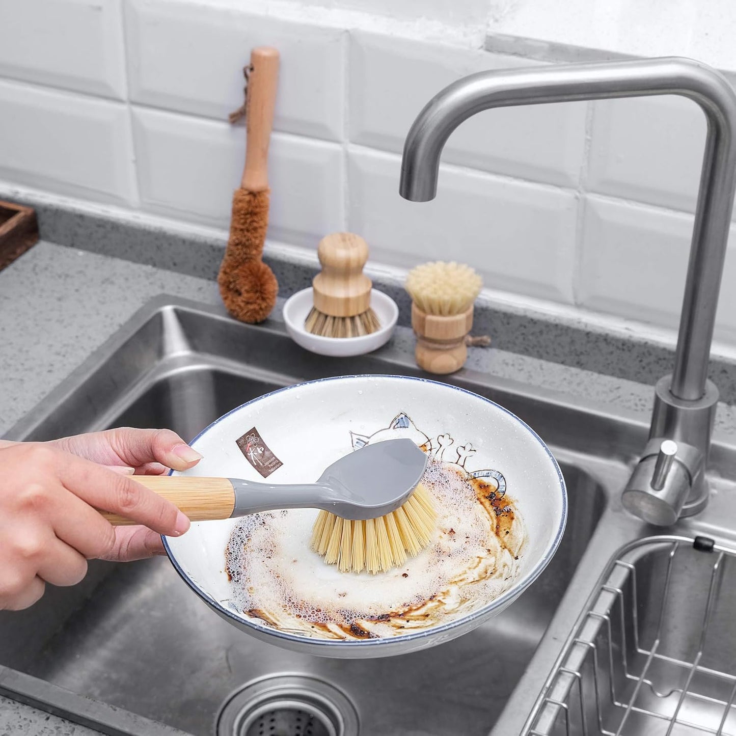 Natural Bamboo Dish Brush Bottle Scrub Brush 4-Piece Set, with Ceramic Soap Dispenser - Wooden Washing Up Brushes with Sturdy Handles for Cleaning Dishes, Pots, Pans, Gift Kit