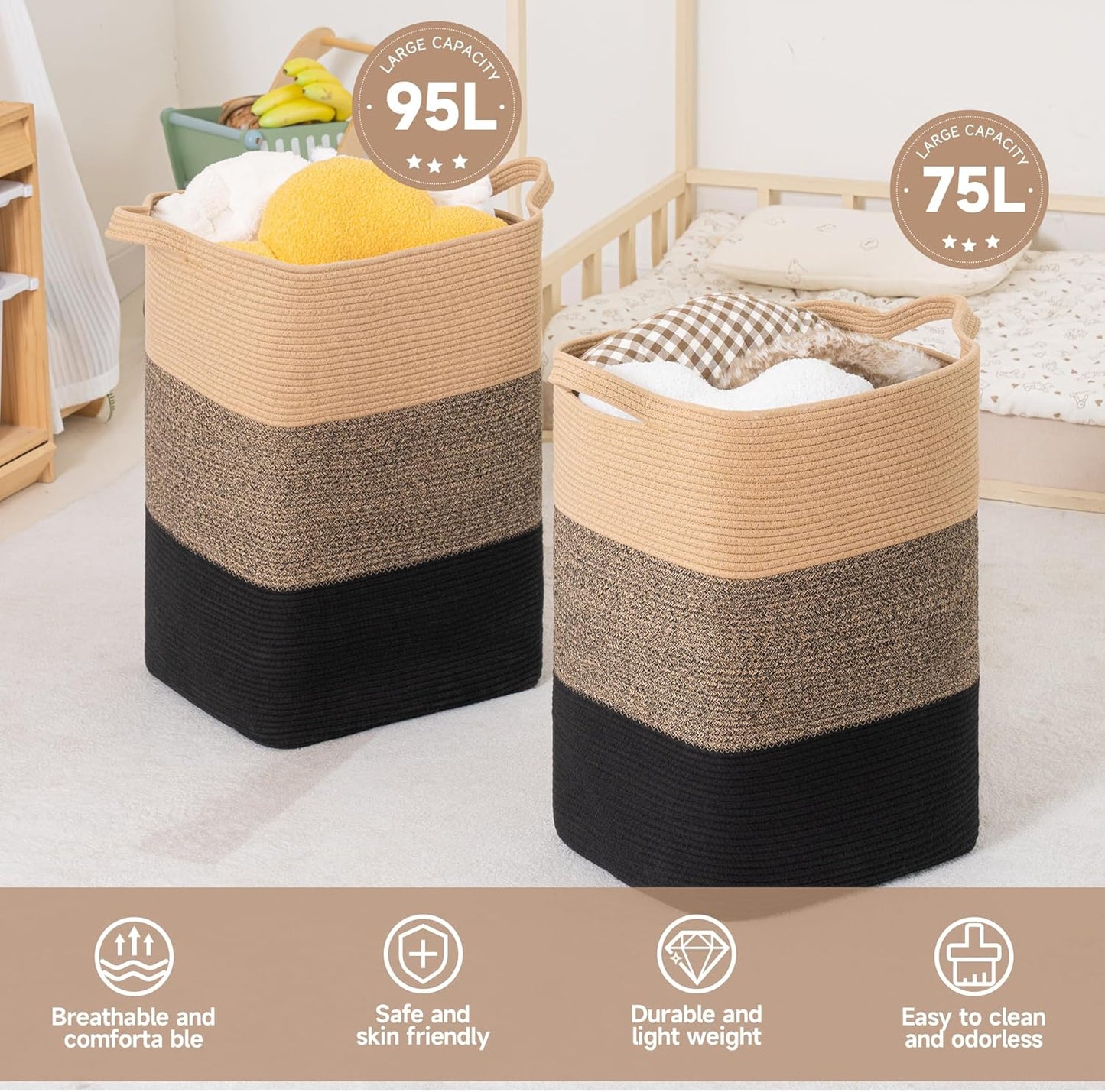 CLHMILY&Z 95L Laundry Basket Rectangular Black Jute Rope - 16x15x24 Inches - Dirty Clothes and Soft Storage Bin for Blankets, Toys, and Nursery Essentials
