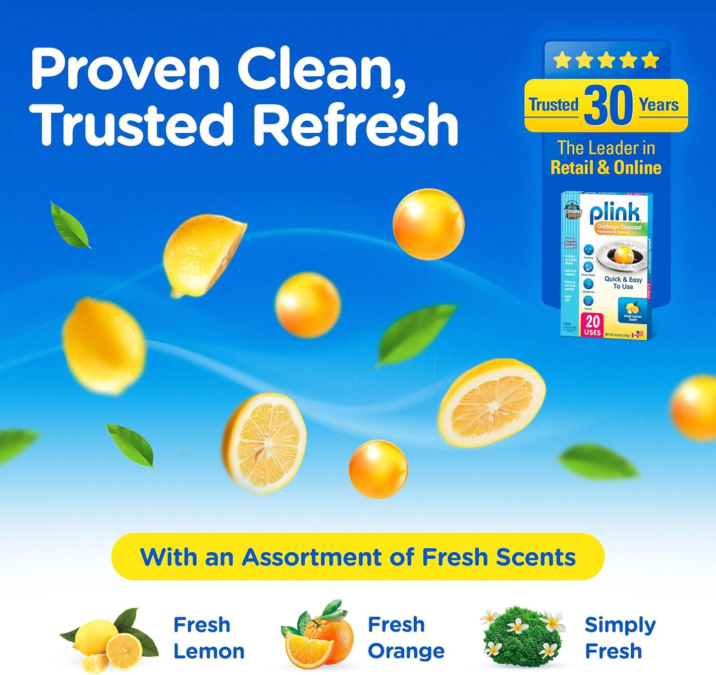 Compac Plink Garbage Disposal Cleaner and Deodorizer, Air Fresheners for Disposal, Lemon Scent, 20 Count