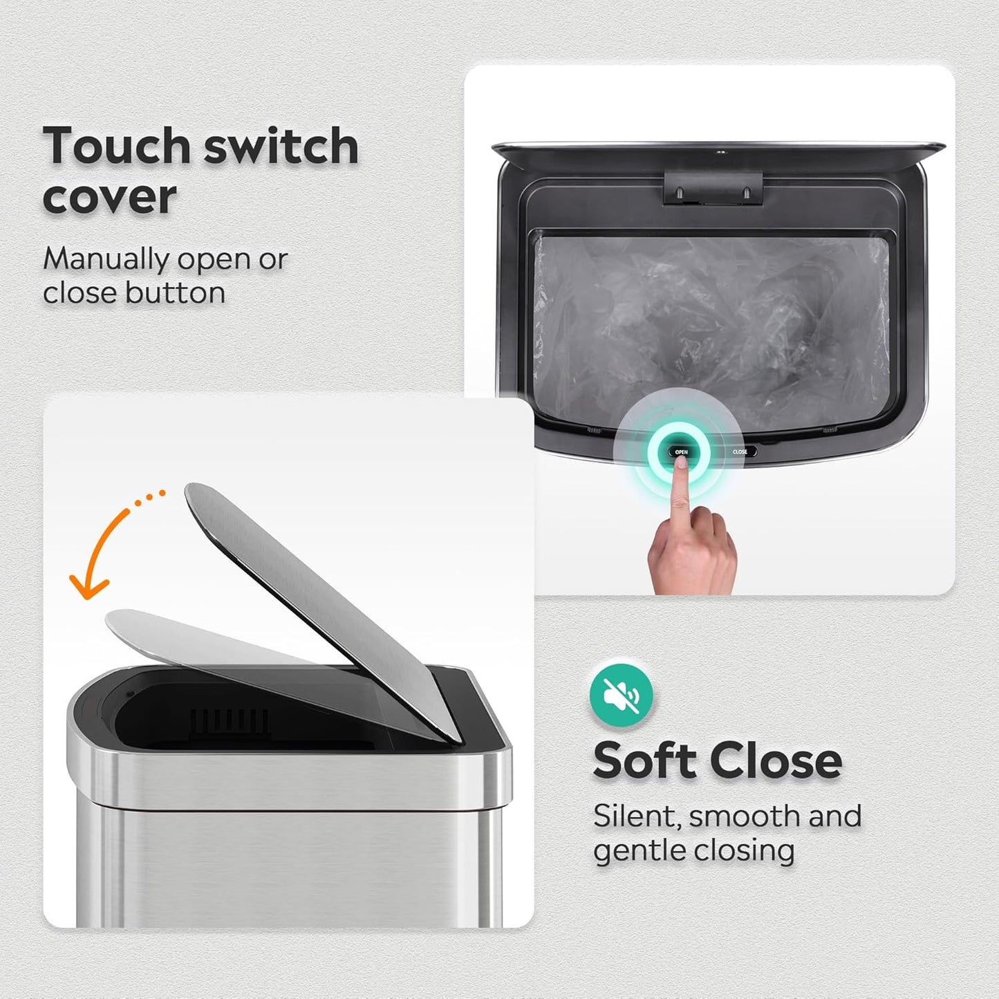 WLIVE 16 Gallon Motion Sensor Trash Can, 60 Liter Automatic Kitchen Trash Can with Soft Close Lid, Touchless Electronic Smart Stainless Steel Waste Bin for Kitchen, Office, Silver