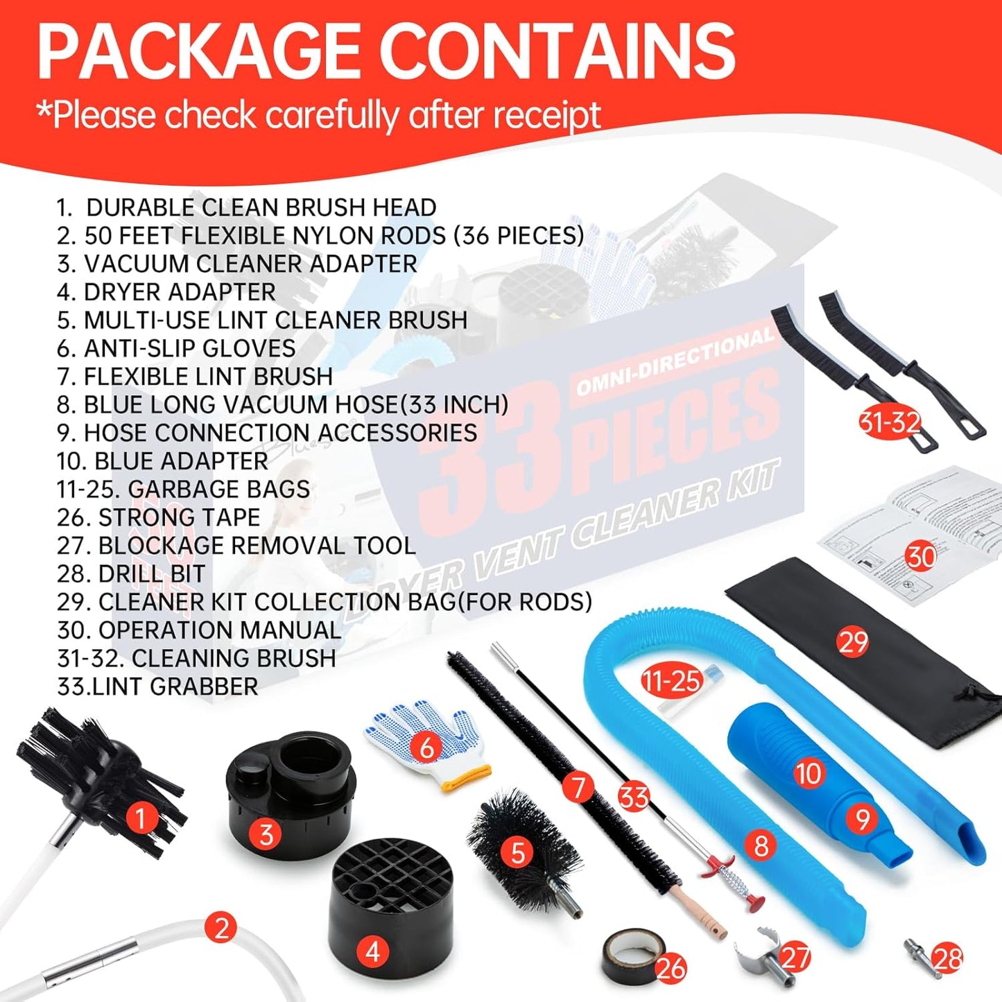 Dryer Vent Cleaner Kit, Bluesea 33-Piece Omnidirectional Dryer Cleaning Kit Include 50 Feet Dryer Vent Brush, Upgrade Noiseless Dryer Lint Vacuum Attachment, Lint Trap Brush, Vacuum & Dryer Adapters