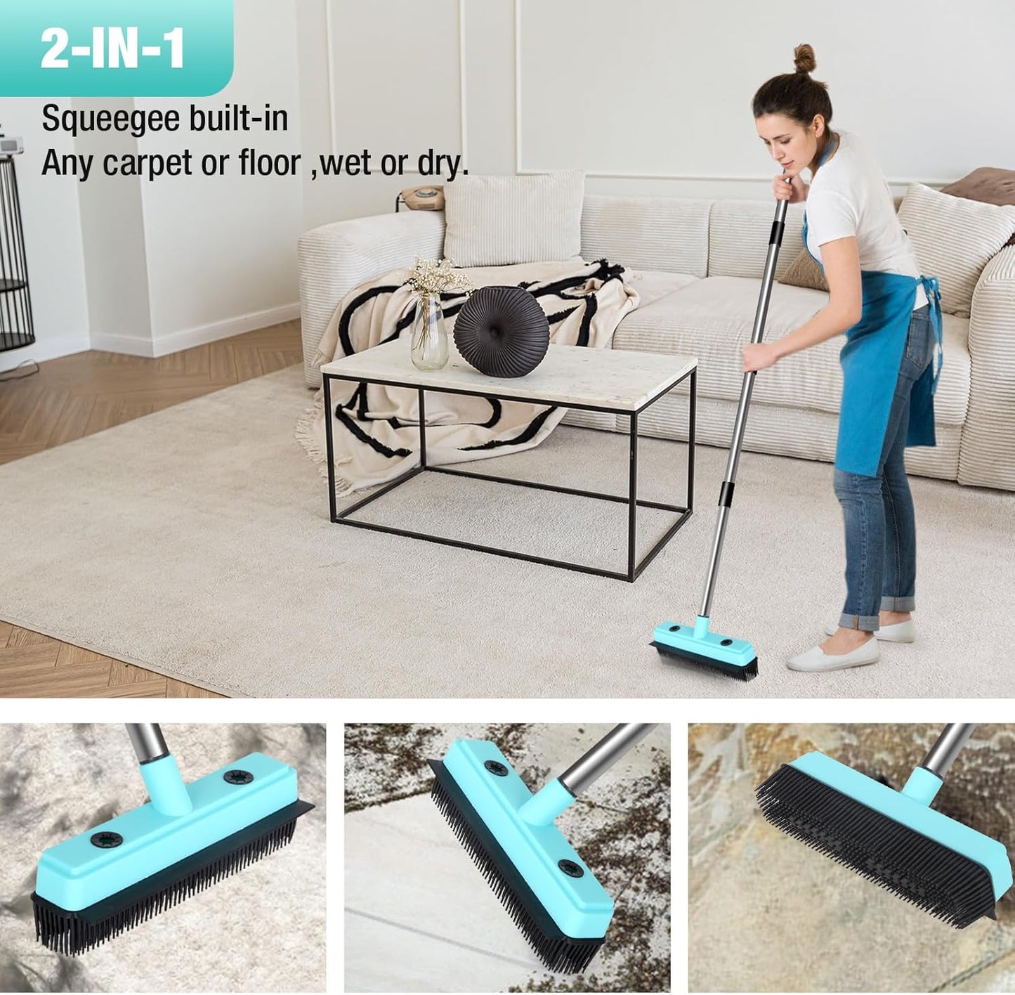 Broom with Dustpan Combo Set,Pet Hair Rubber Broom with Carpet Rake and Squeegee,Long Handle Broom with Upright Standing Dustpan for Indoor Cleaning (Broom and Rubber Broom)