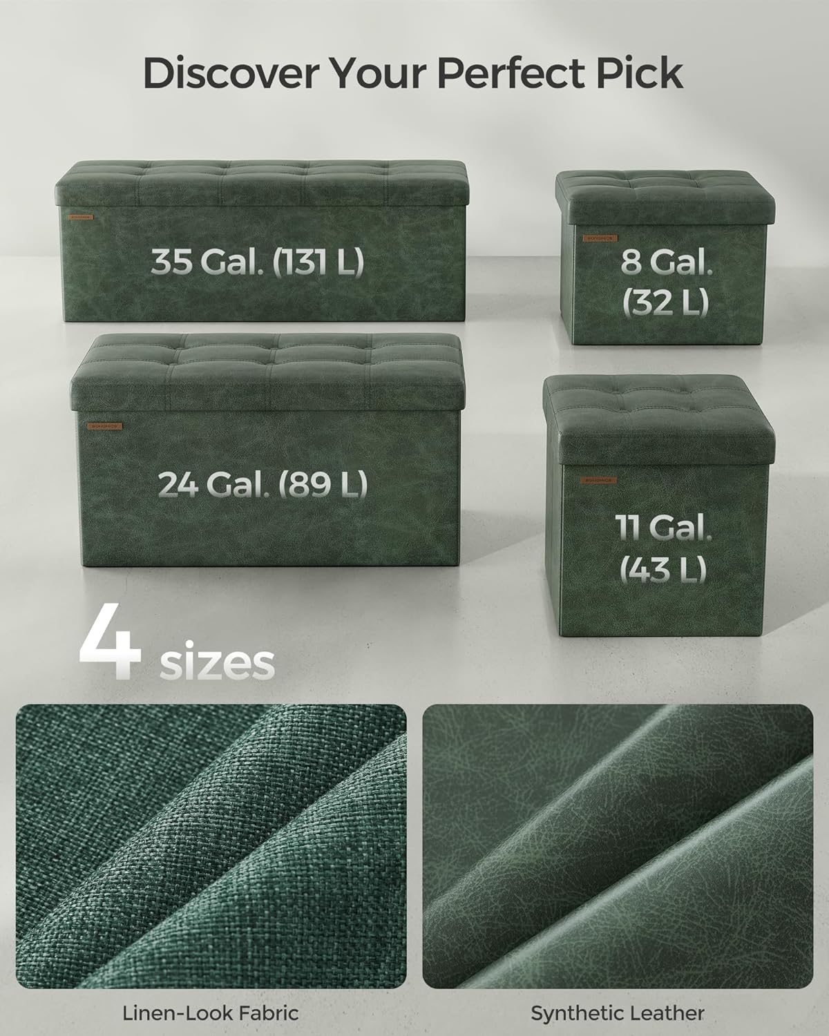 SONGMICS Mazie Collection - 43 Inches Folding Storage Ottoman Bench, Ottoman with Storage, Foot Rest Stool, Load 660 lb, for Living Room, Synthetic Leather, Forest Green ULSF070C01