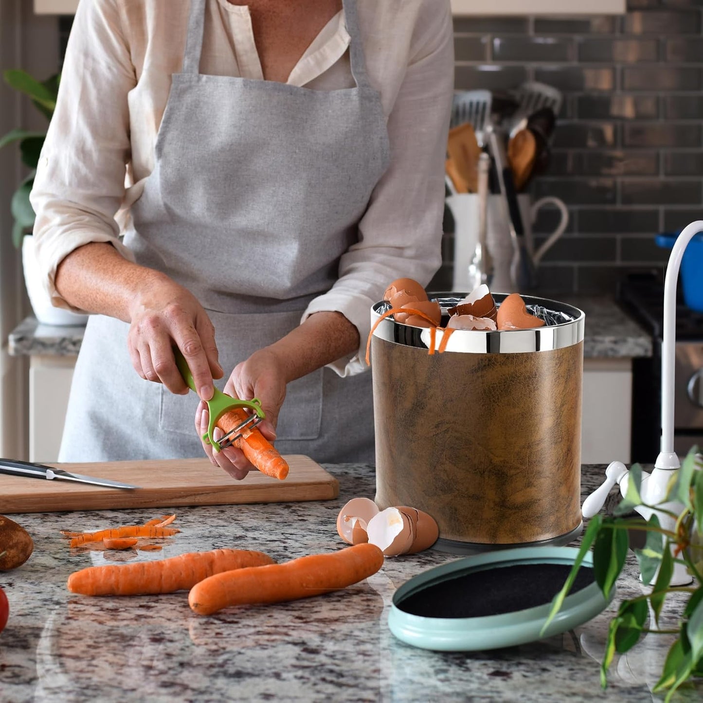 'Invisi-Overlap' Open Top Leatherette Trash Can, Small Office Wastebasket, Modern Home Décor, Oval Shape (Brown)