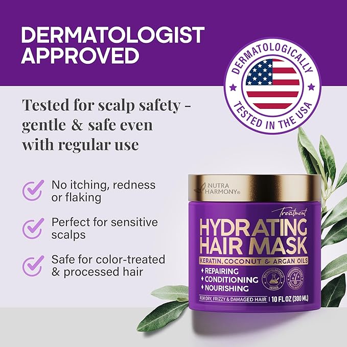 NUTRAHARMONY Hydrating Hair Mask for Dry, Frizzy & Damaged Hair – Deep Conditioning Keratin Treatment with Argan & Coconut Oils, Collagen & Biotin – Repairing, Anti-Frizz Hair Mask for Women, 10oz