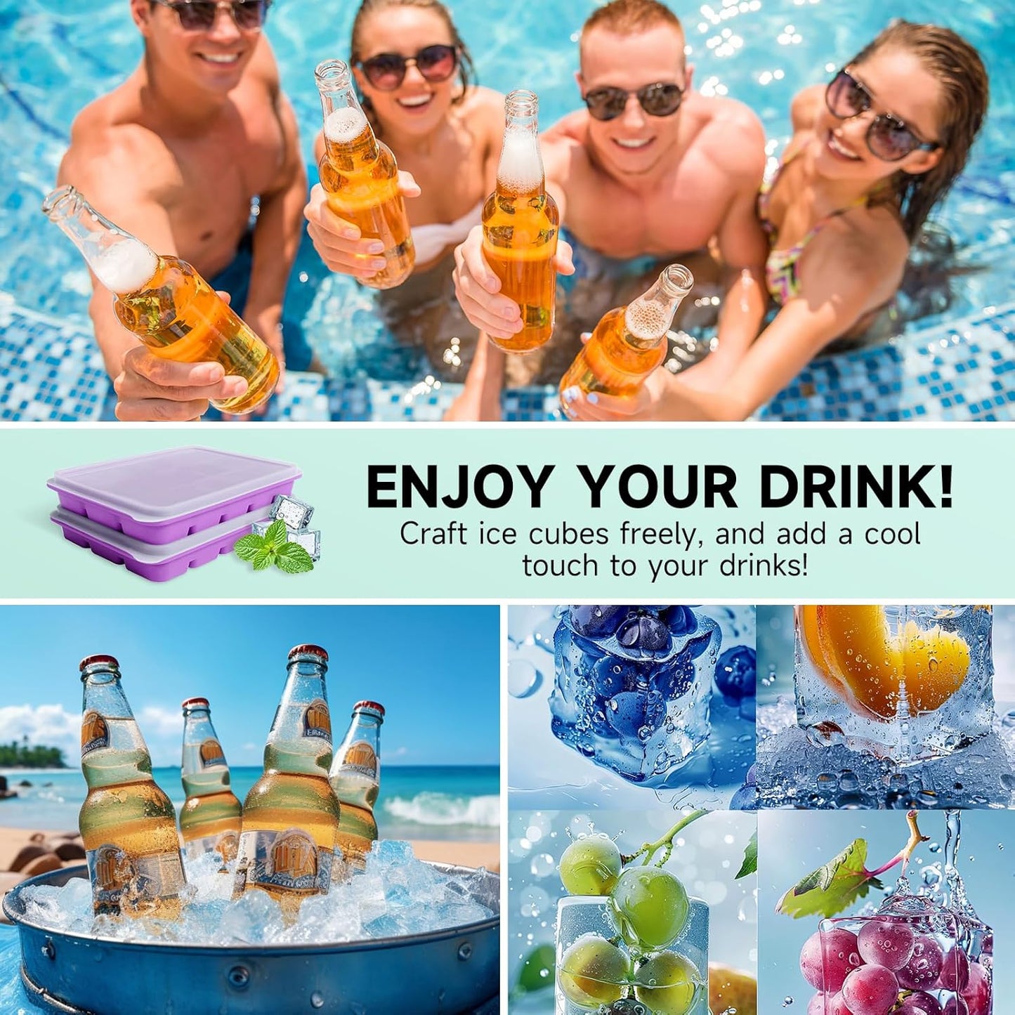 Tvmania Ice Cube Trays Set of 2, Easy Release 15 Flexible Silicone Ice Cube Molds with Removable Lid Reusable Freezer Ice Trays Stackable for Whiskey, Baby Food, BPA Free (purple)