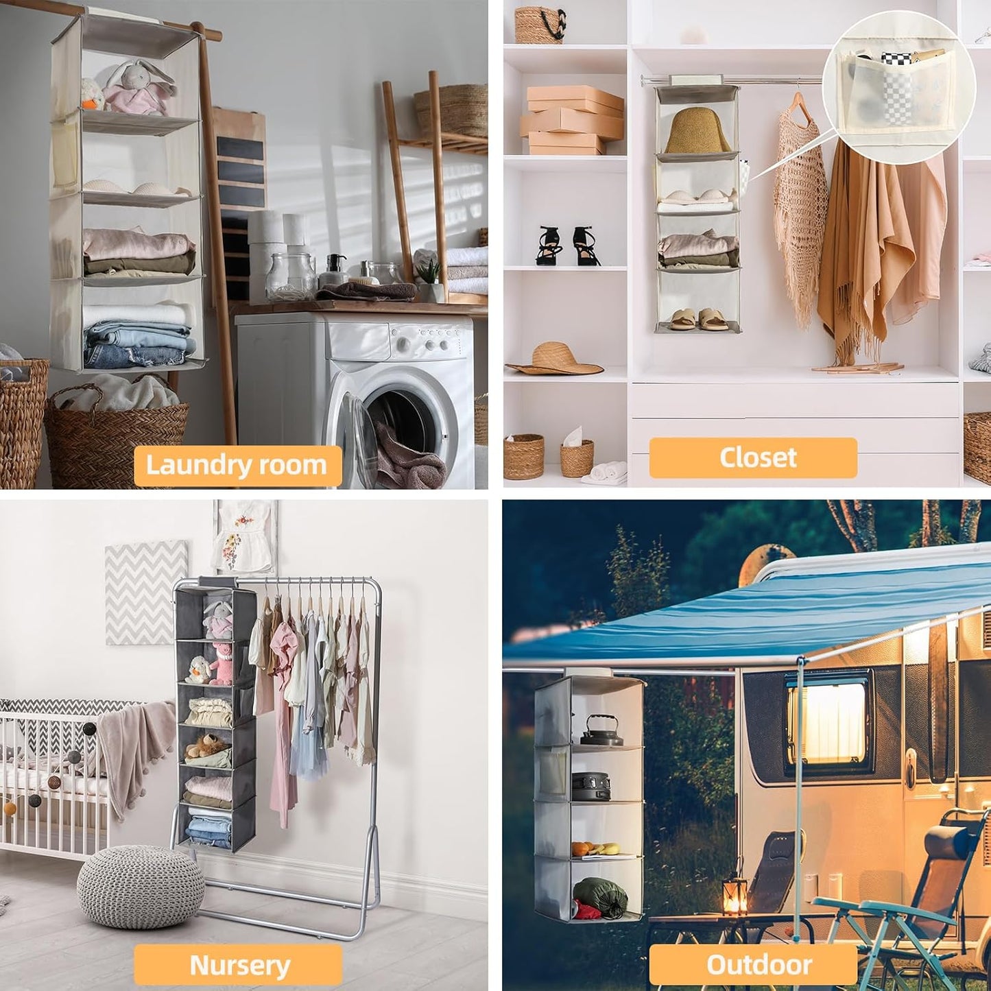 2 Packs Hanging Closet Organizer Storage, 6-Shelf Hanging Shelves Clothes Organizer and Storage with Side Pockets, Beige